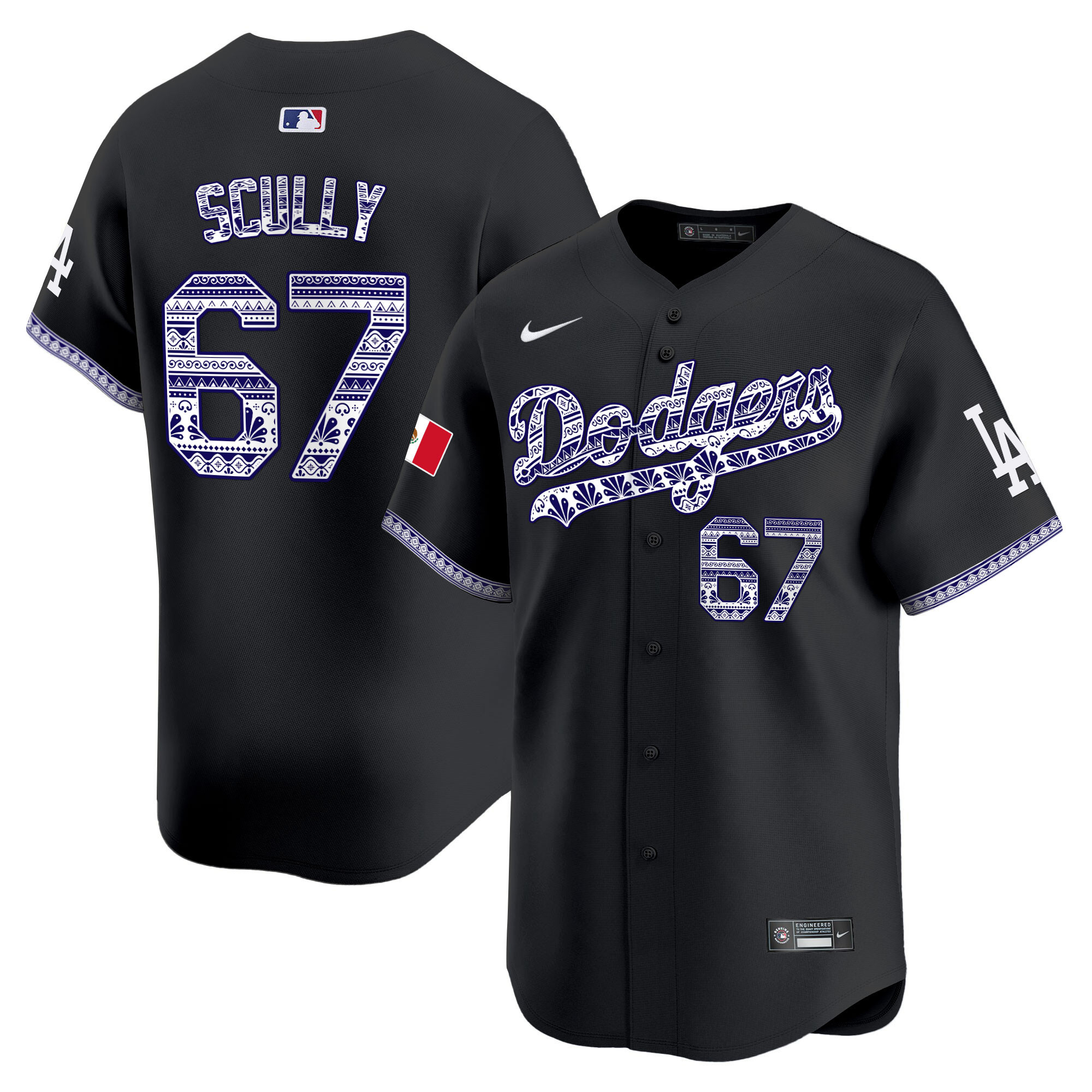 Vin Scully Men's Los Angeles Dodgers Mexico Vapor Premier Limited V3 Black Jersey - All Stitched