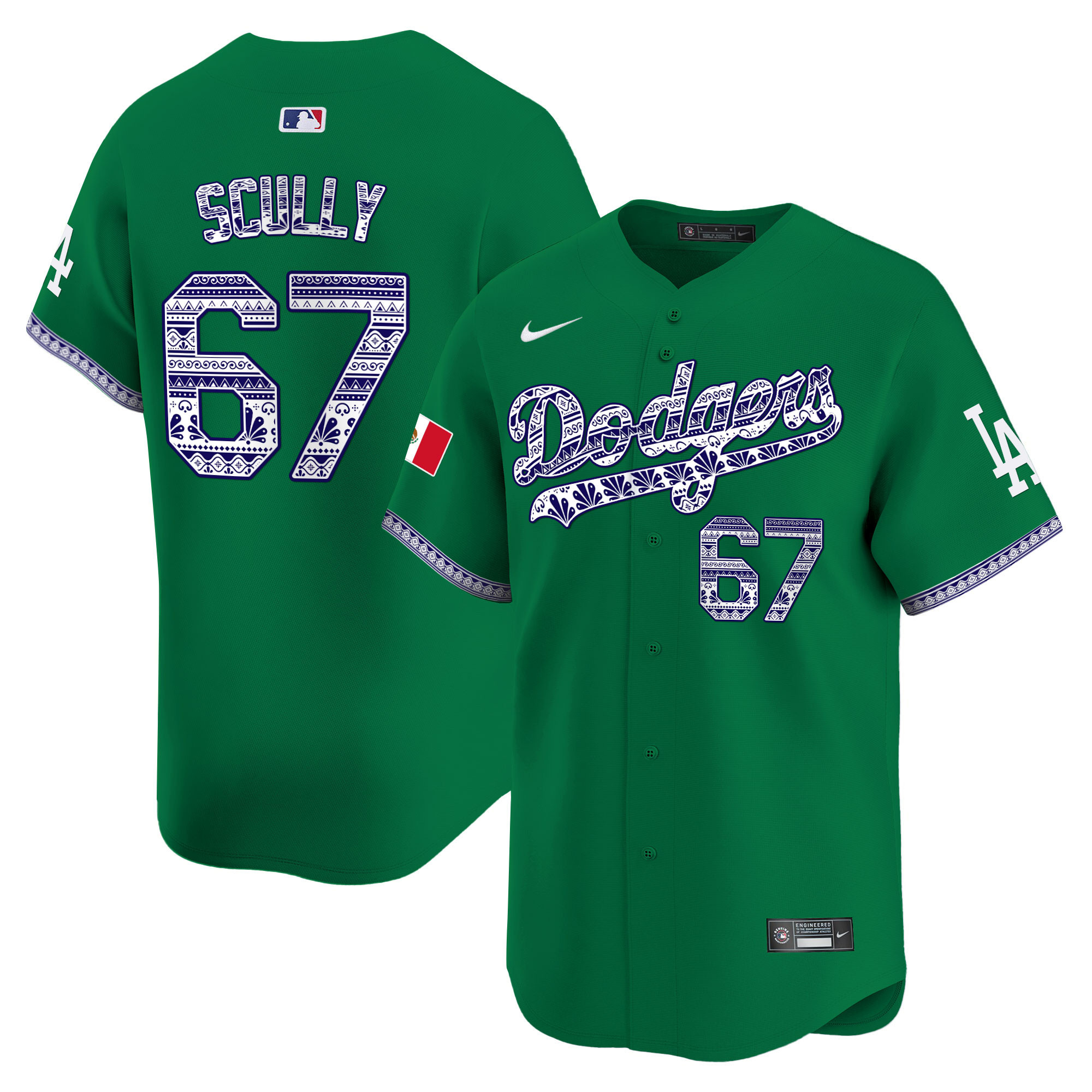 Vin Scully Men's Los Angeles Dodgers Mexico Vapor Premier Limited V3 Green Jersey - All Stitched