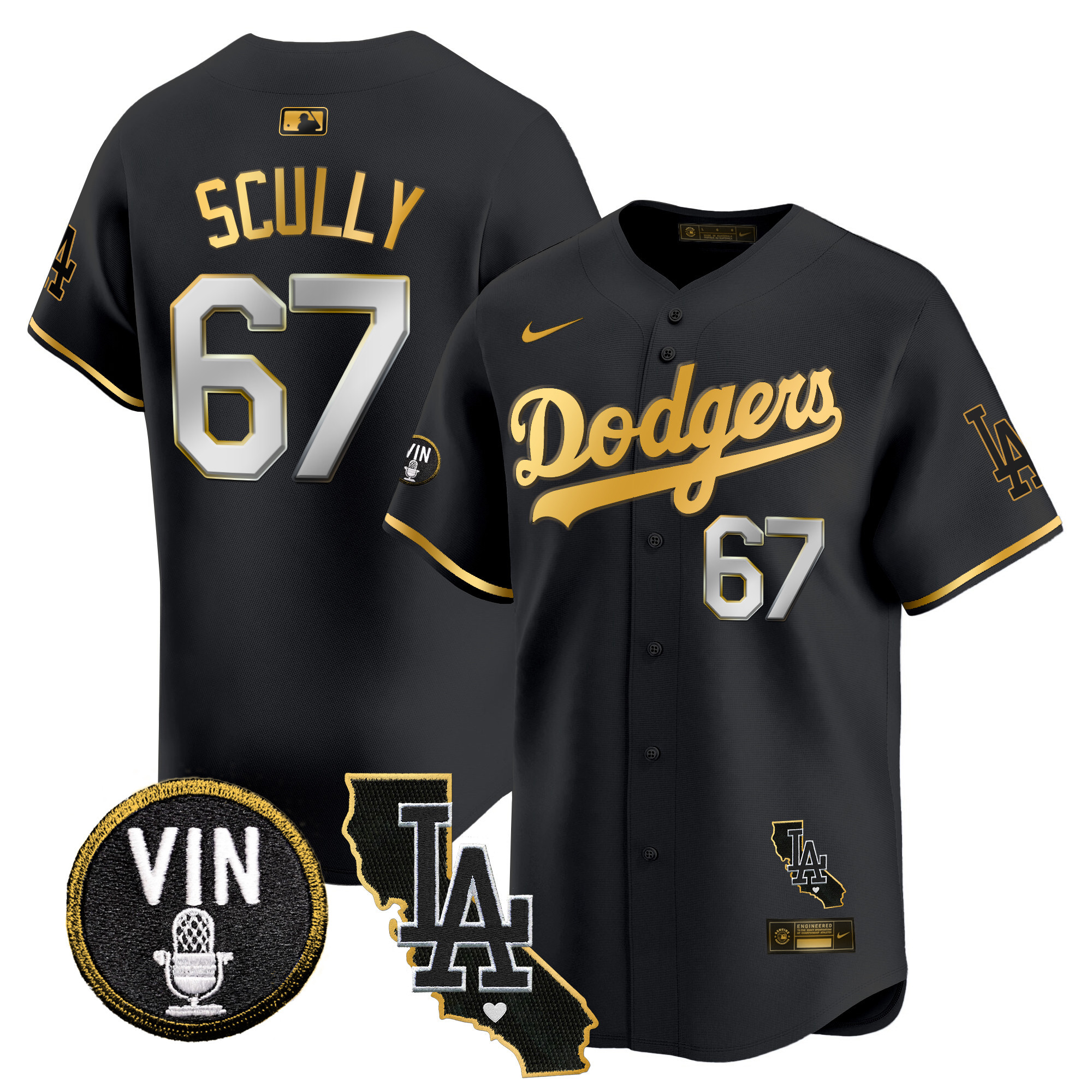Vin Scully Men's Los Angeles Dodgers Vin & California Patch Gold Trim Vapor Premier Limited Black Gold Jersey - All Stitched