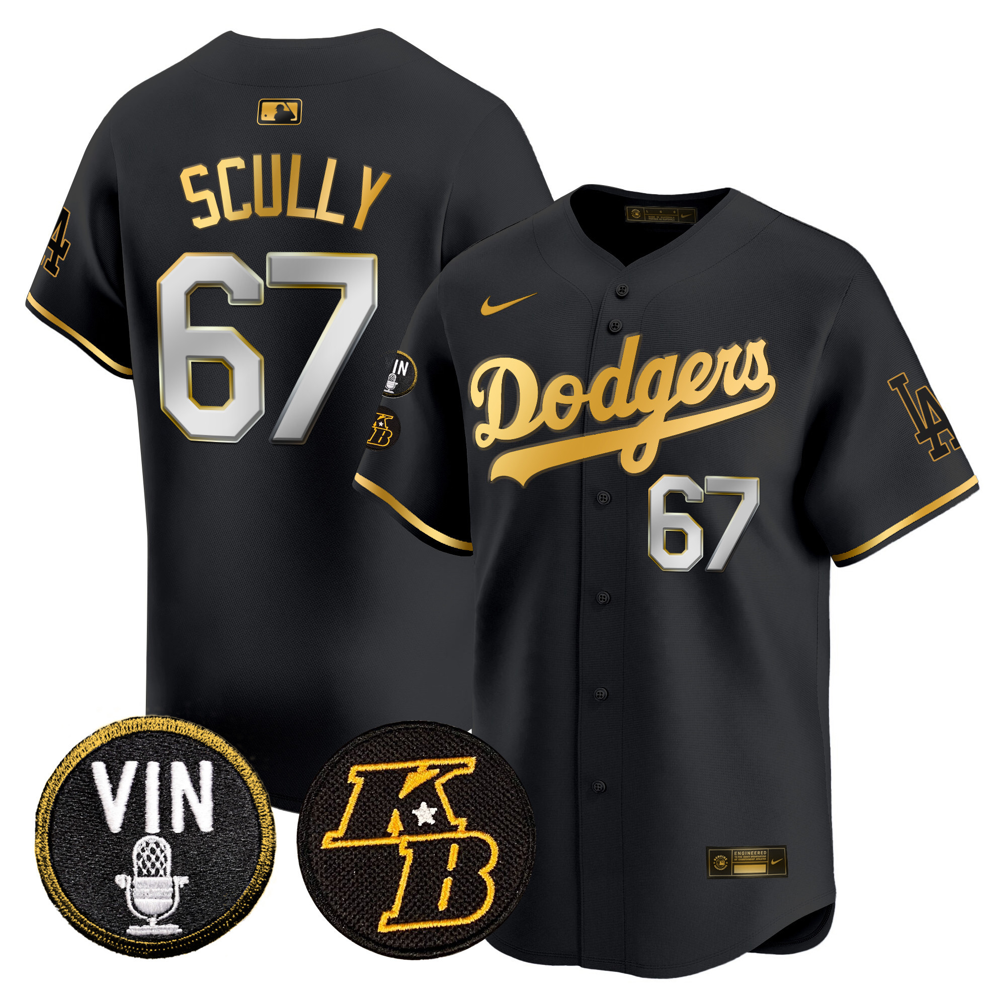 Vin Scully Men's Los Angeles Dodgers Vin & Kobe Patch Gold Trim Vapor Premier Limited Black Gold Jersey - All Stitched