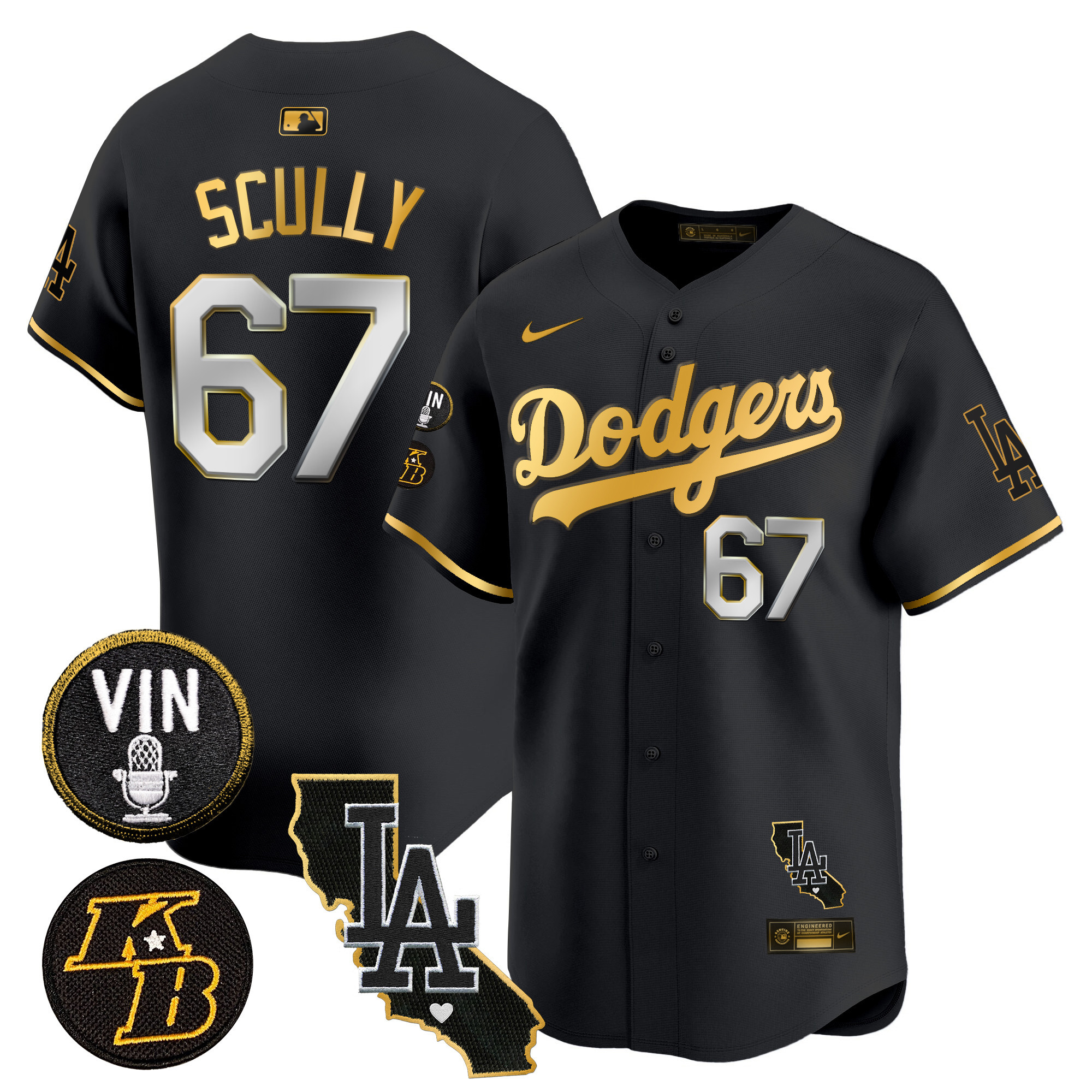 Vin Scully Men's Los Angeles Dodgers Vin & Kobe Patch Gold Trim Vapor Premier Limited V2 Black Gold Jersey - All Stitched