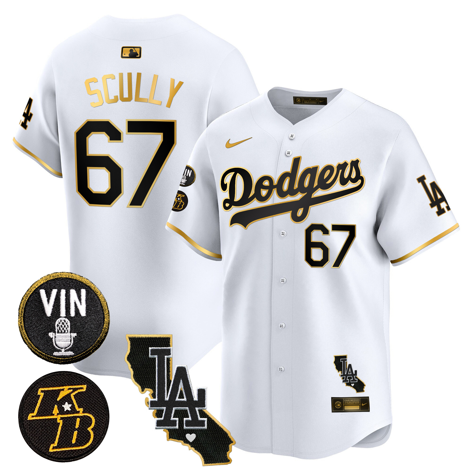 Vin Scully Men's Los Angeles Dodgers Vin & Kobe Patch Gold Trim Vapor Premier Limited V2 White Gold Jersey - All Stitched