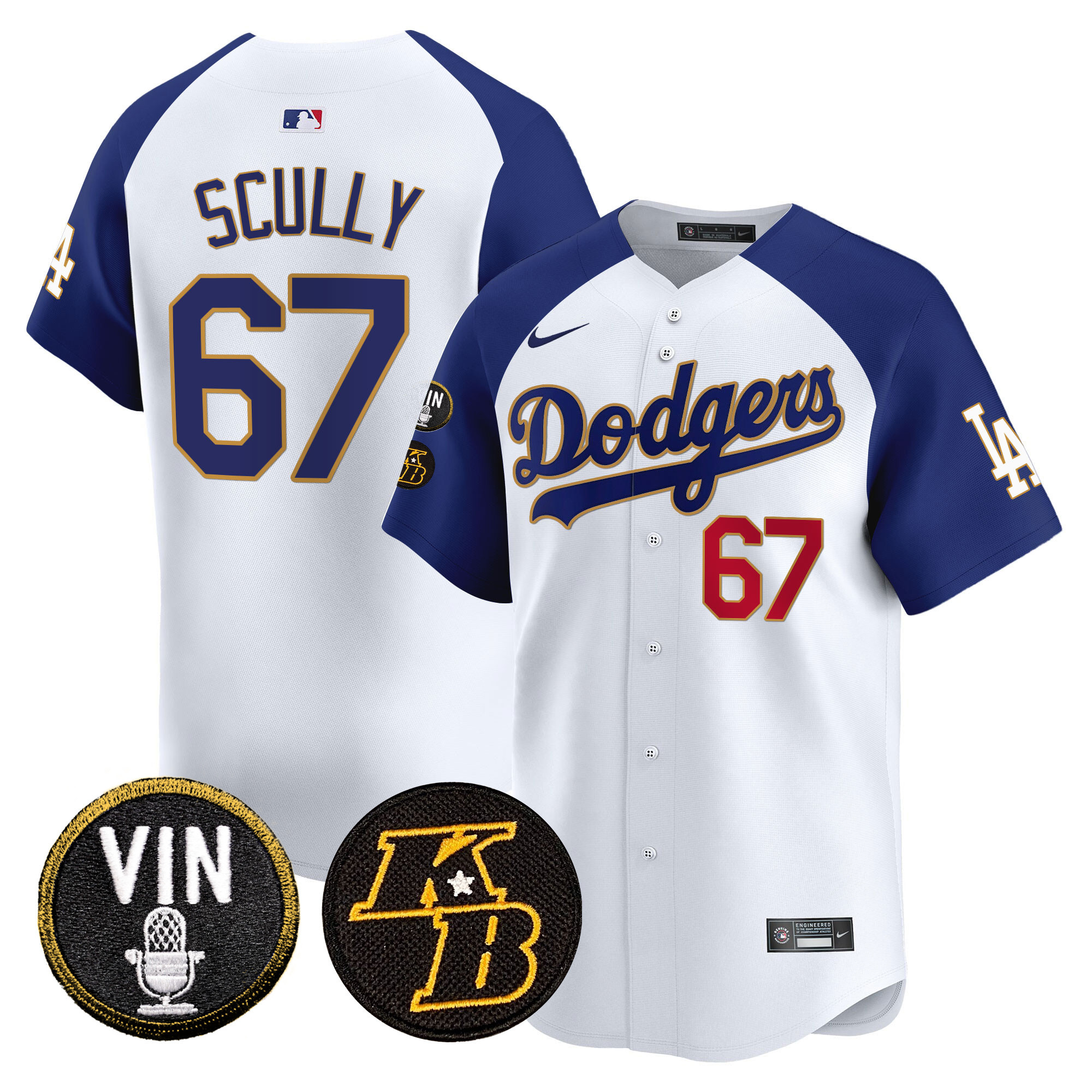 Vin Scully Men's Los Angeles Dodgers Vin & Kobe Patch Gold Trim Vapor Premier Limited White Alternate Jersey - All Stitched