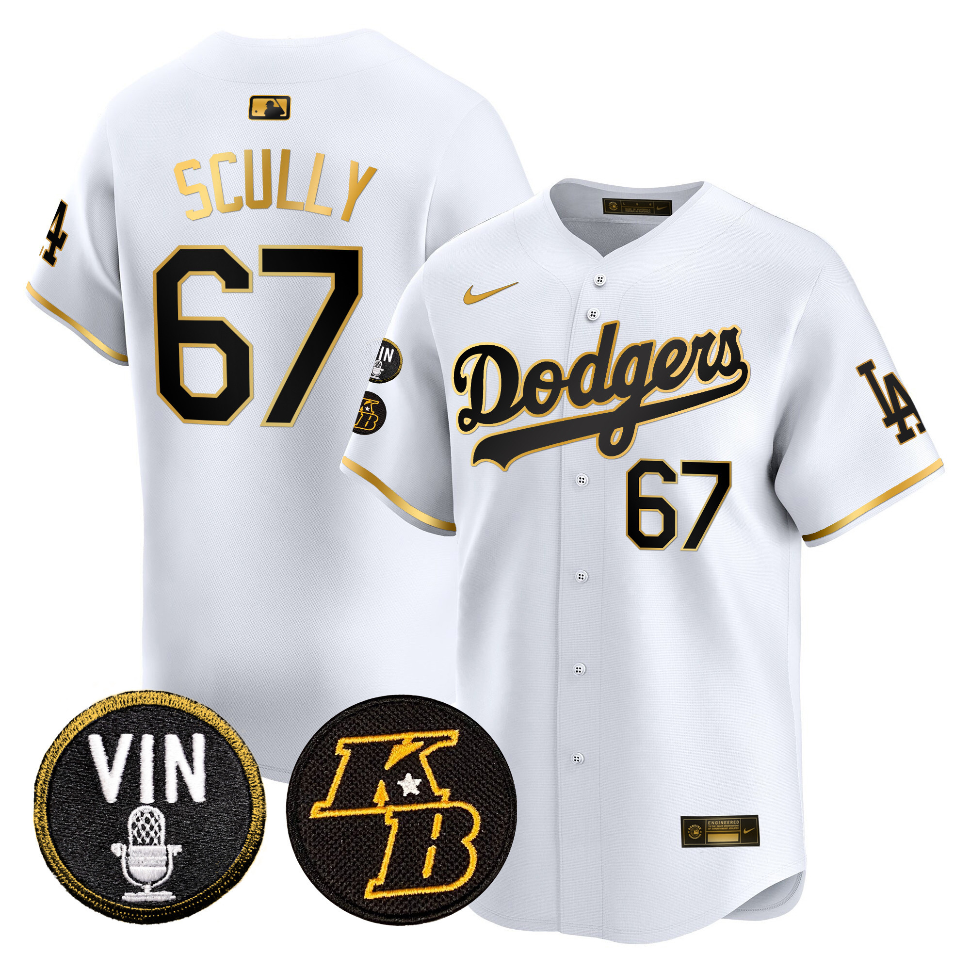 Vin Scully Men's Los Angeles Dodgers Vin & Kobe Patch Gold Trim Vapor Premier Limited White Gold Jersey - All Stitched