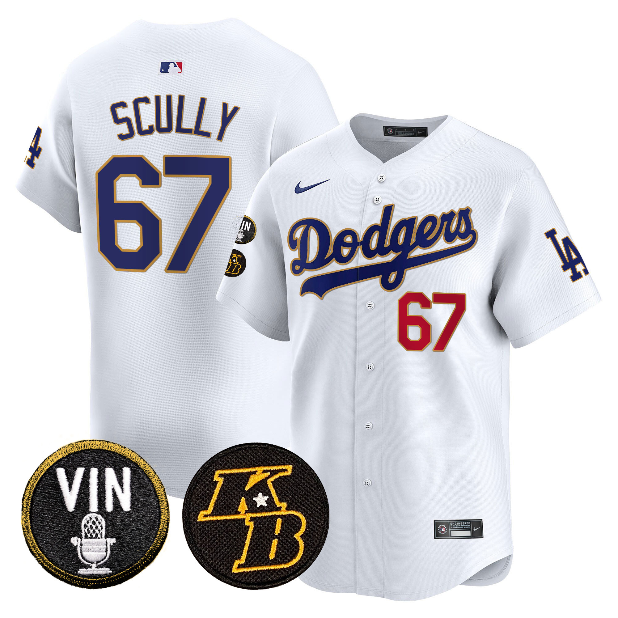 Vin Scully Men's Los Angeles Dodgers Vin & Kobe Patch Gold Trim Vapor Premier Limited White Jersey - All Stitched