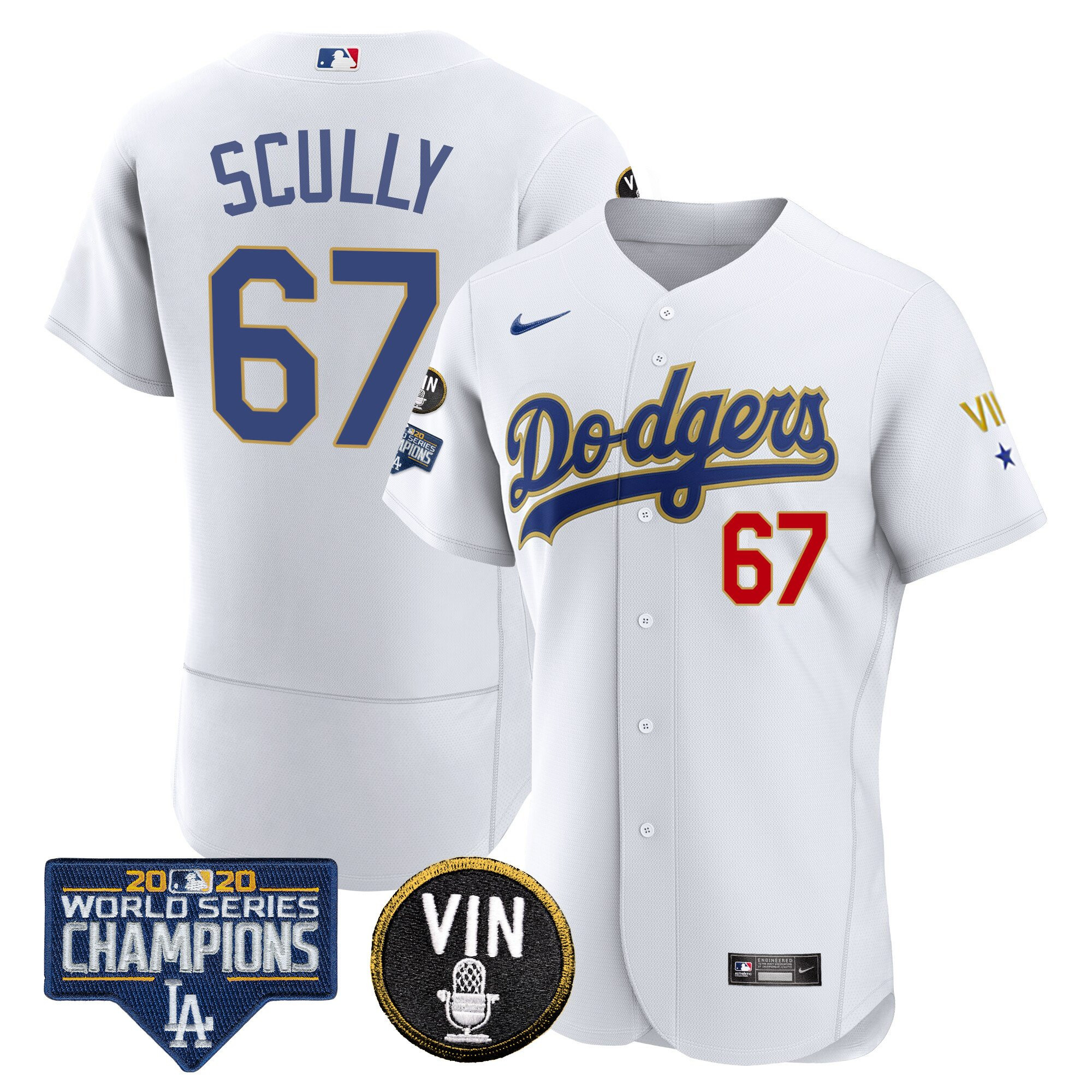 Vin Scully Men's Los Angeles Dodgers World Series & Vin Sculy Patch Gold Flex White Jersey - All Stitched
