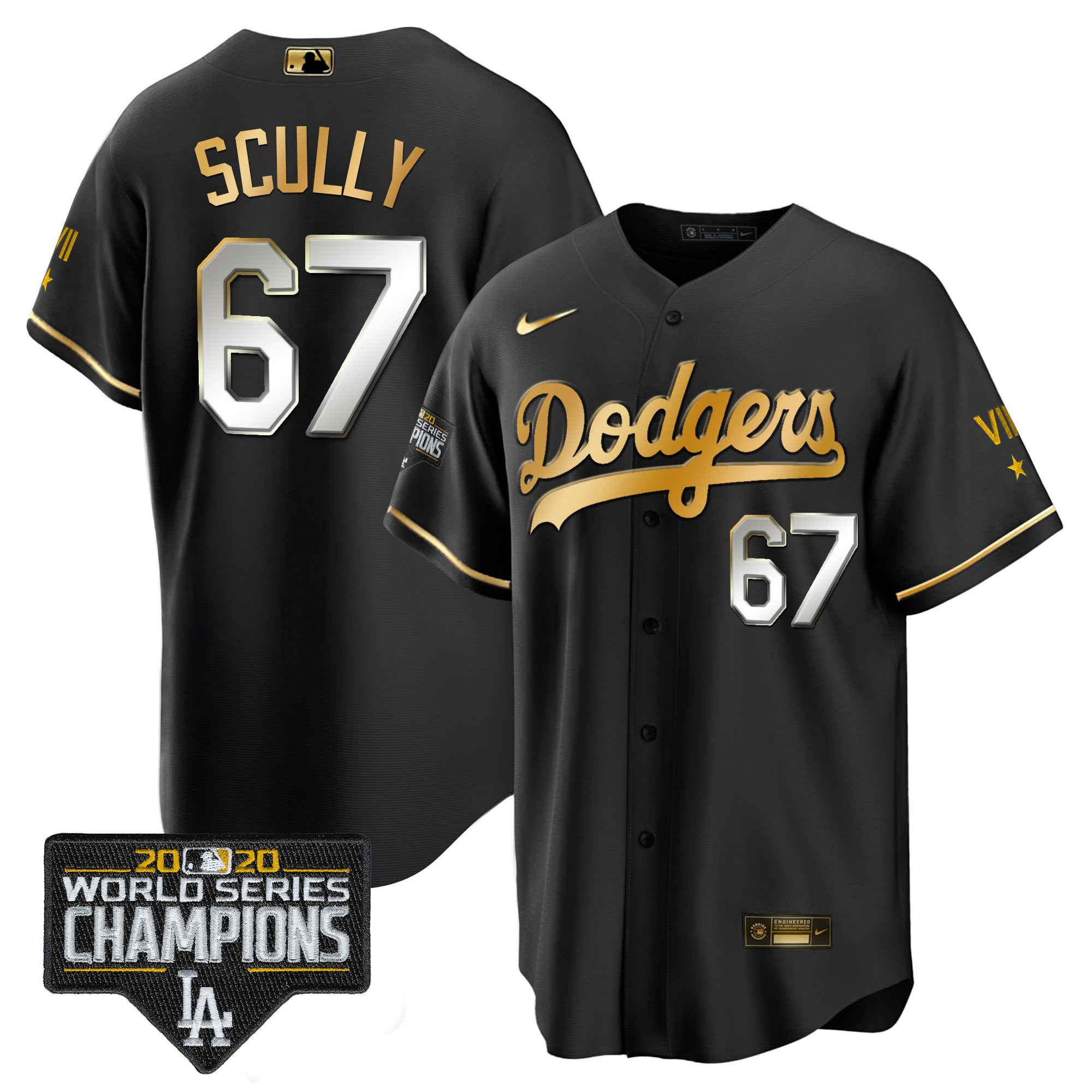 Vin Scully Men's Los Angeles Dodgers World Series 2020 Gold Cool Black Jersey - All Stitched