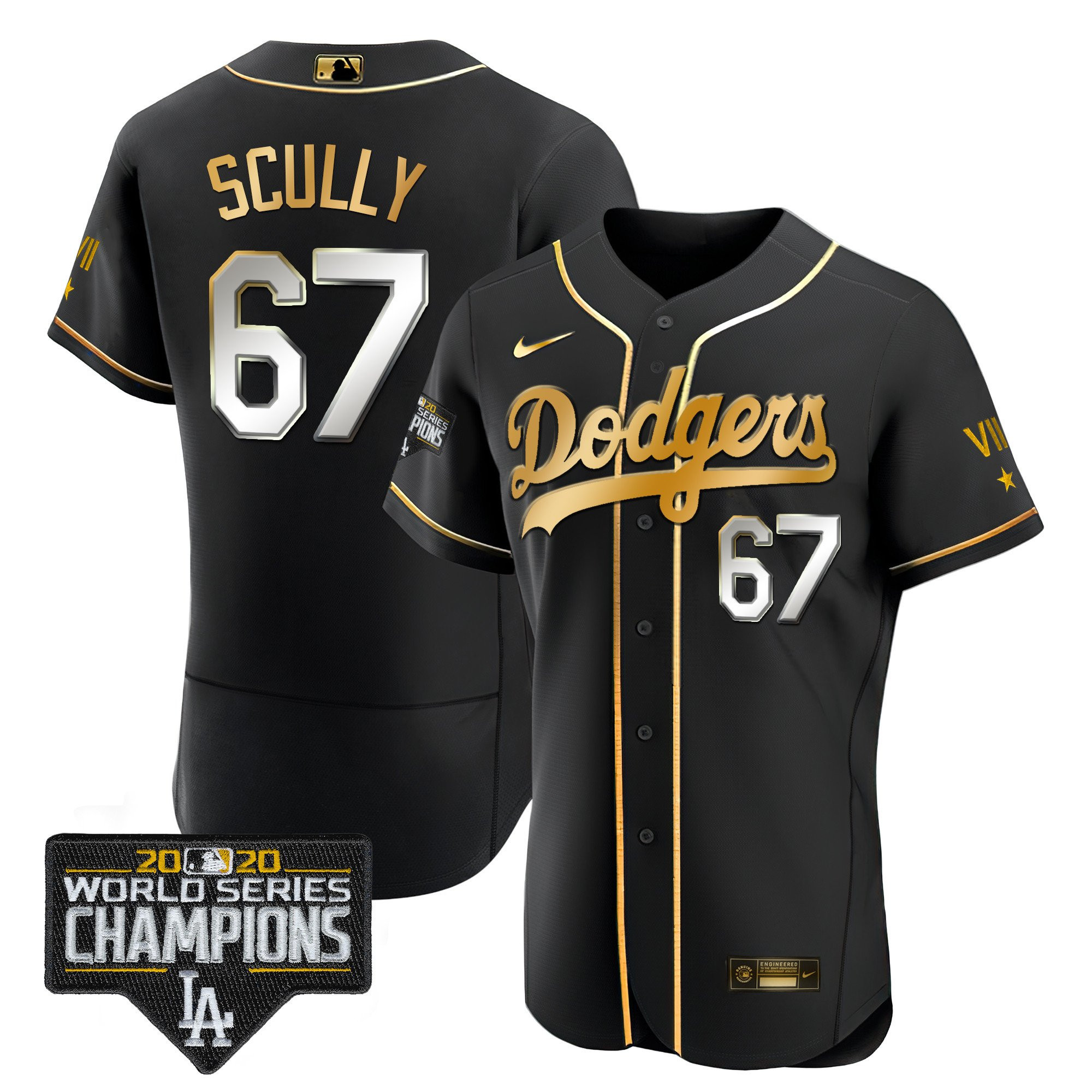Vin Scully Men's Los Angeles Dodgers World Series 2020 Gold Flex Black Jersey - All Stitched
