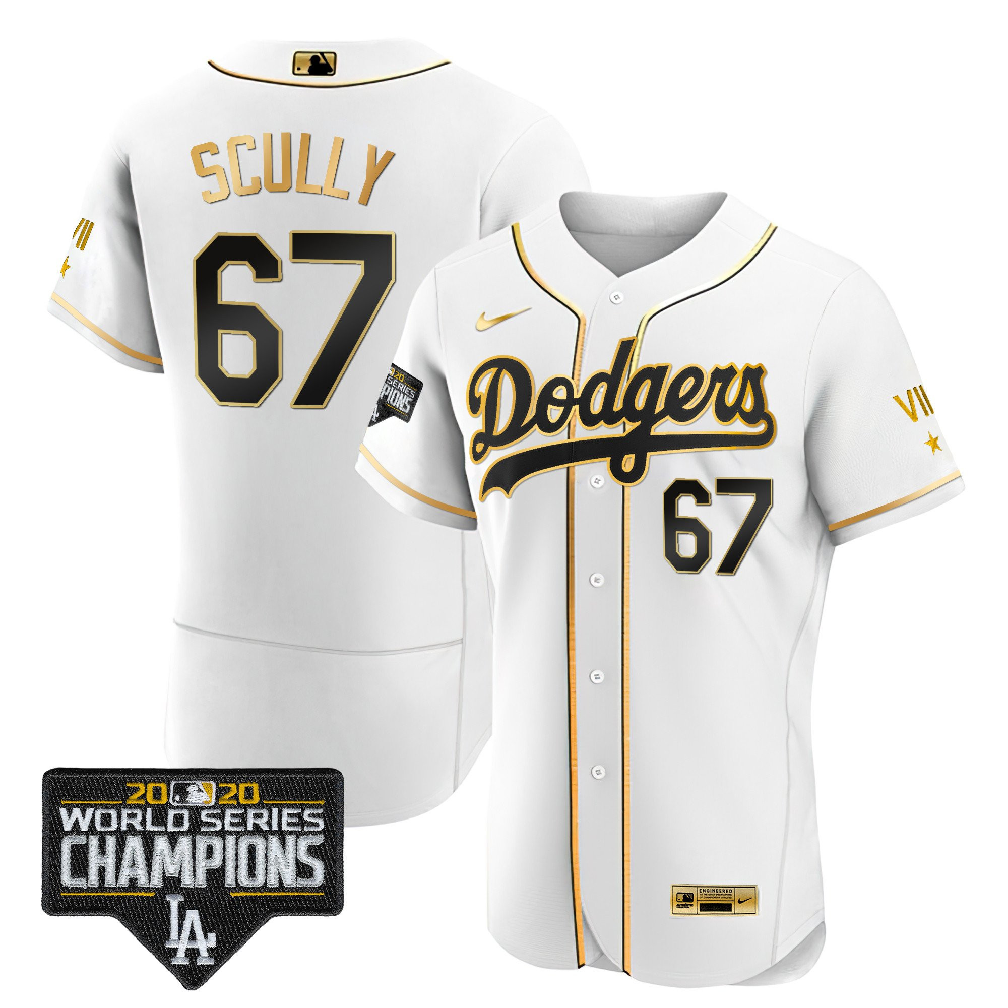 Vin Scully Men's Los Angeles Dodgers World Series 2020 Gold Flex White Jersey - All Stitched