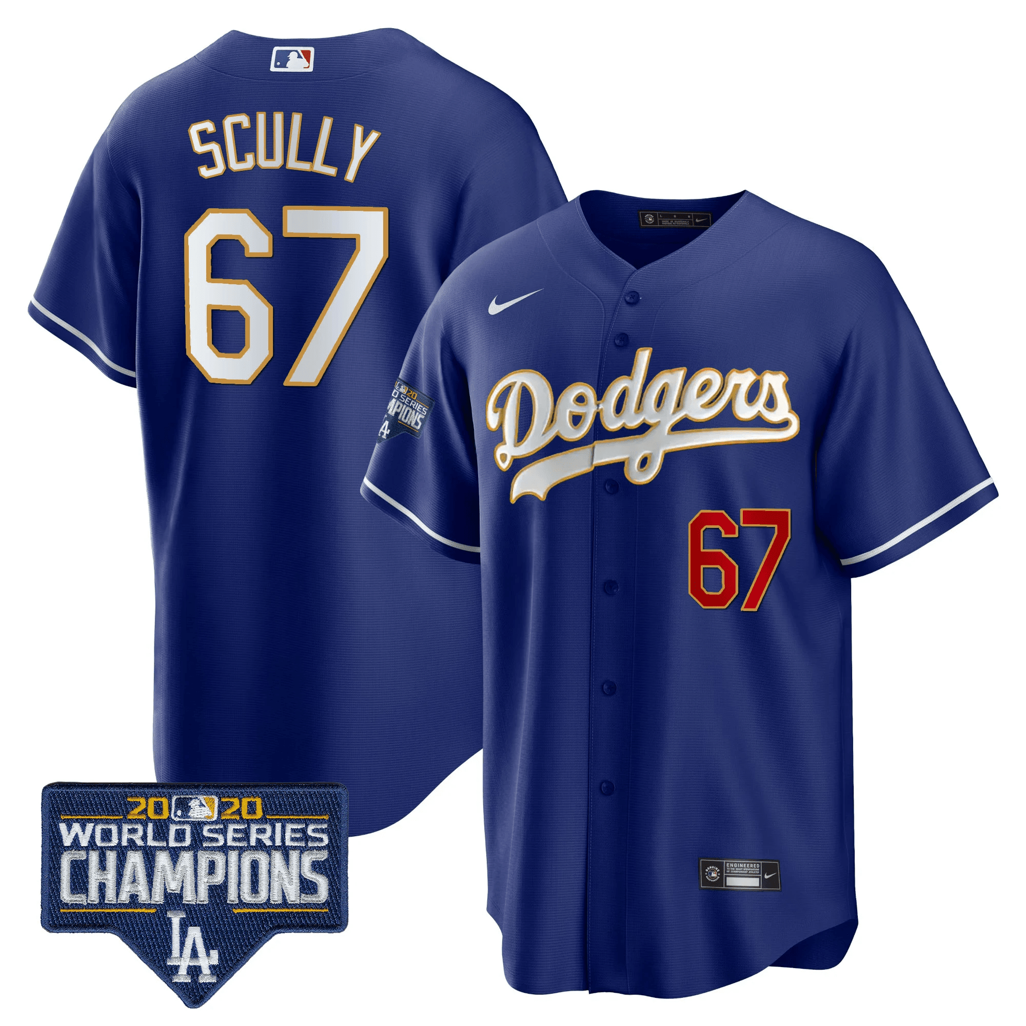 Vin Scully Men's Los Angeles Dodgers World Series Champions Patch Cool Base Gold Trim Royal Jersey - All Stitched