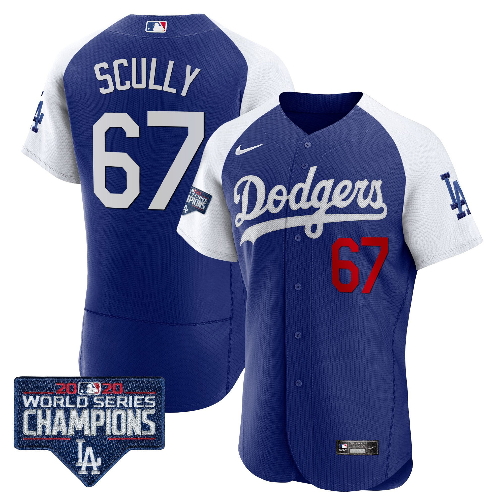 Vin Scully Men's Los Angeles Dodgers World Series Champions Patch Flex Base Alternate Royal Jersey - All Stitched