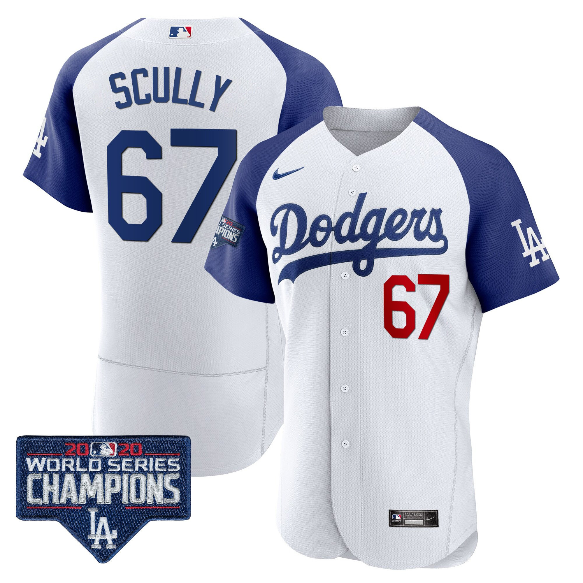 Vin Scully Men's Los Angeles Dodgers World Series Champions Patch Flex Base Alternate White Jersey - All Stitched