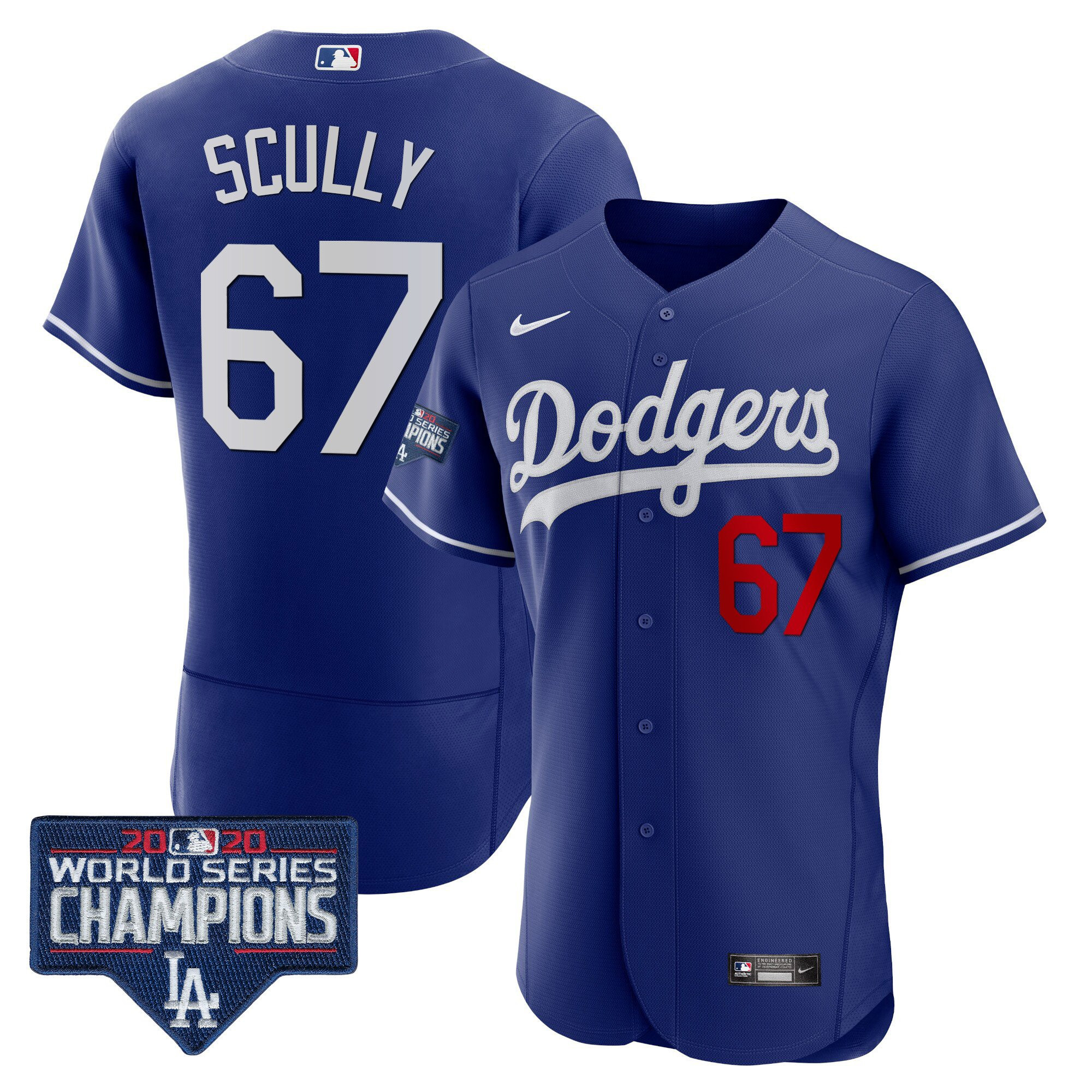 Vin Scully Men's Los Angeles Dodgers World Series Champions Patch Flex Base Royal Jersey - All Stitched