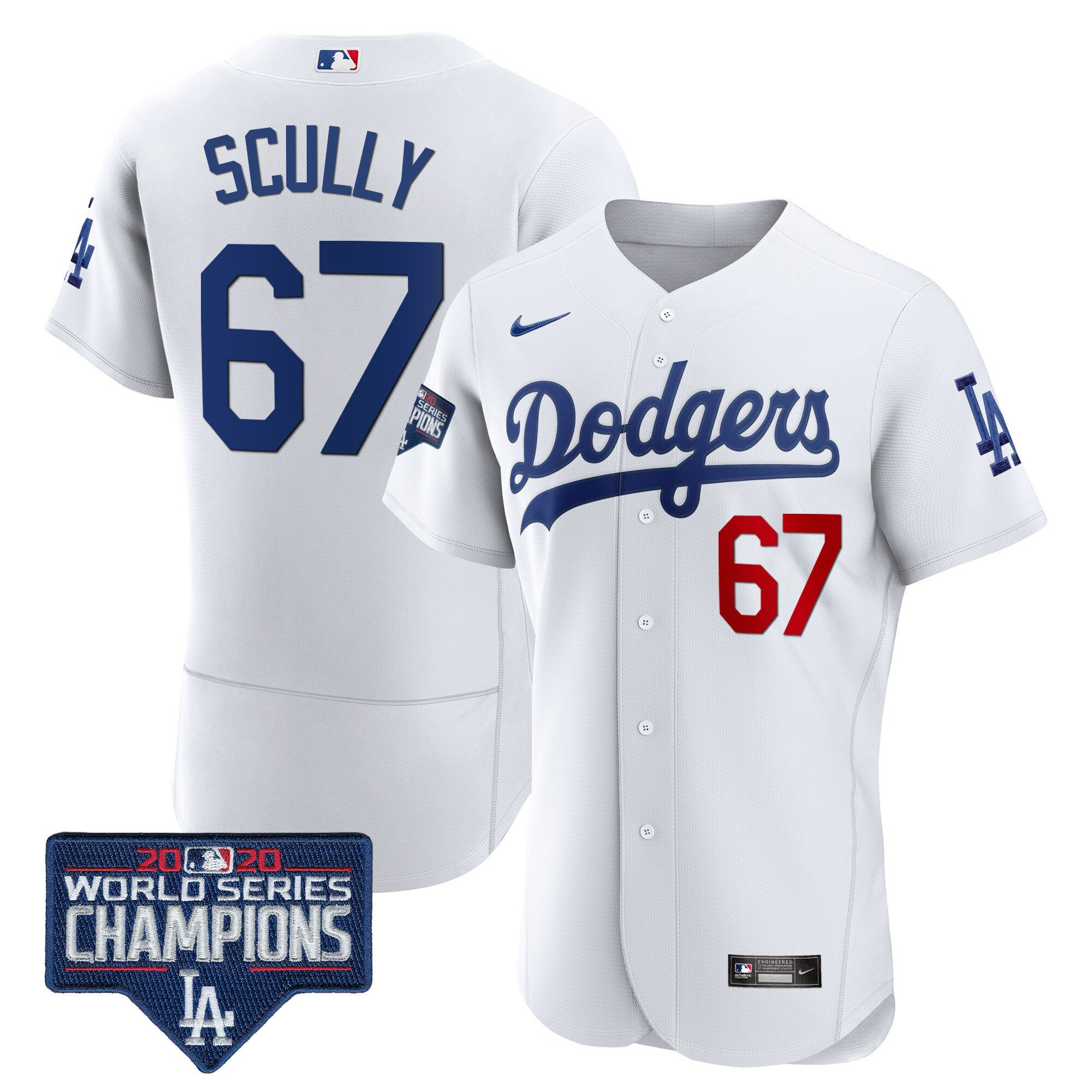 Vin Scully Men's Los Angeles Dodgers World Series Champions Patch Flex Base White Jersey - All Stitched