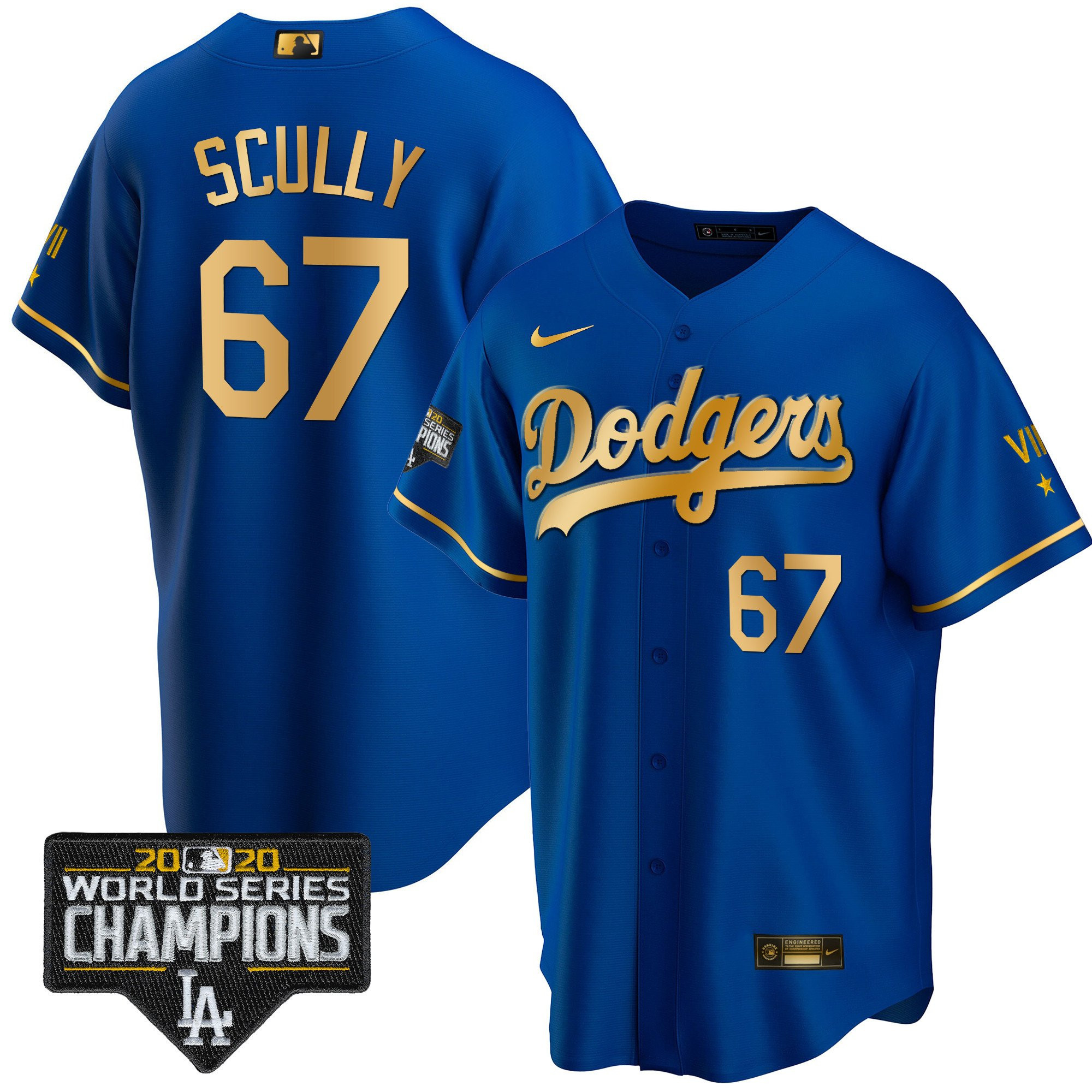 Vin Scully Men's Los Angeles Dodgers World Series Patch Gold Limited Cool Gold Royal Jersey - All Stitched