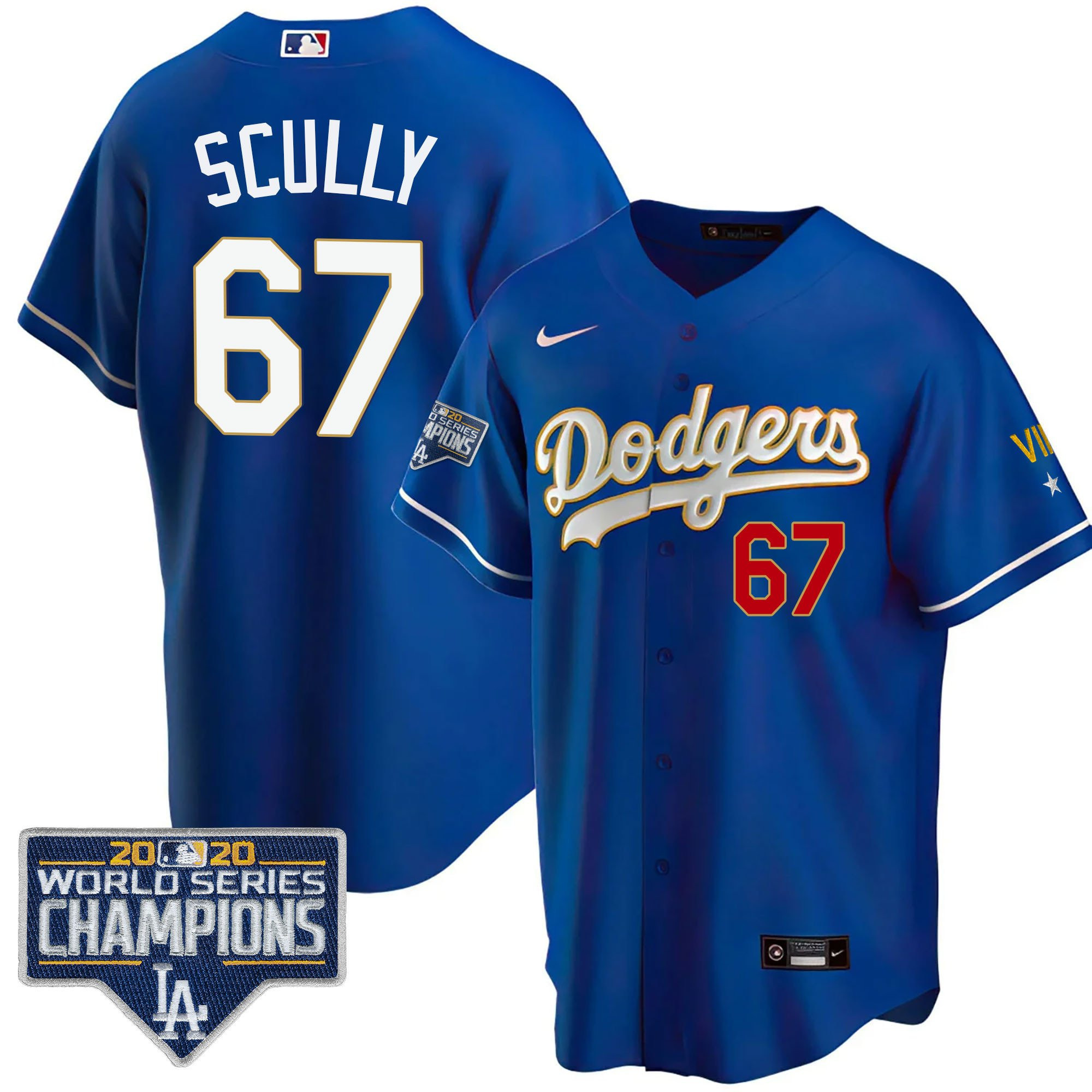 Vin Scully Men's Los Angeles Dodgers World Series Patch Gold Limited Cool Royal Jersey - All Stitched