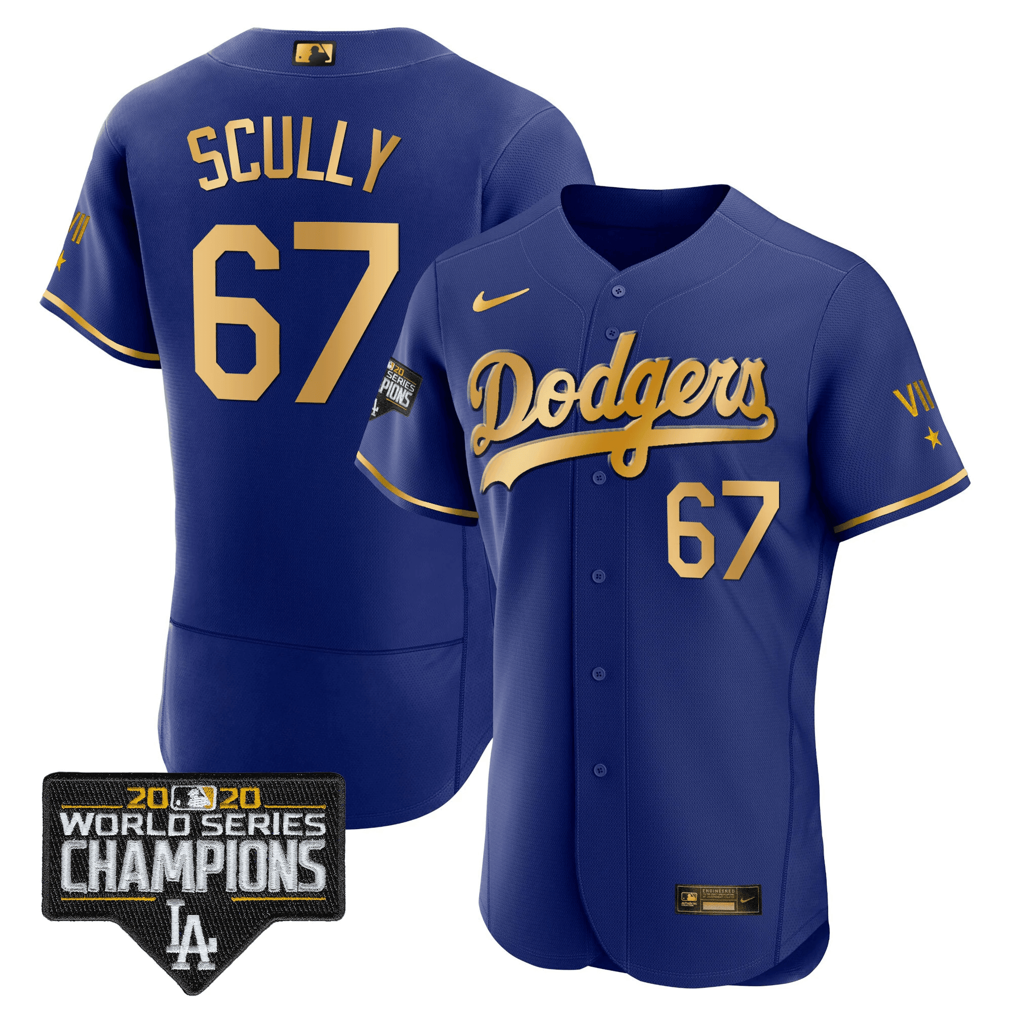 Vin Scully Men's Los Angeles Dodgers World Series Patch Gold Limited Flex Gold Royal Jersey - All Stitched