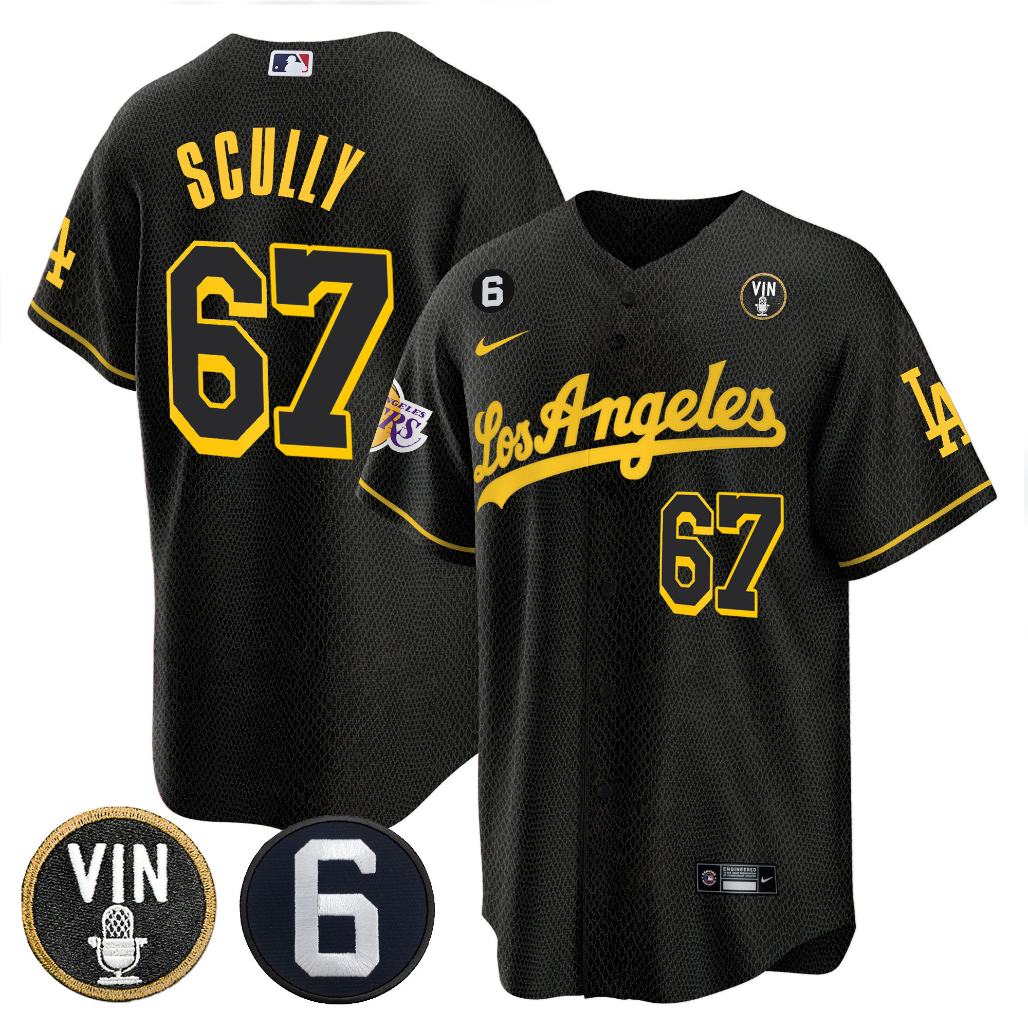 Vin Scully Men's Split Los Angeles Dodgers - Lakers Cool Base Black Mamba Jersey - All Stitched