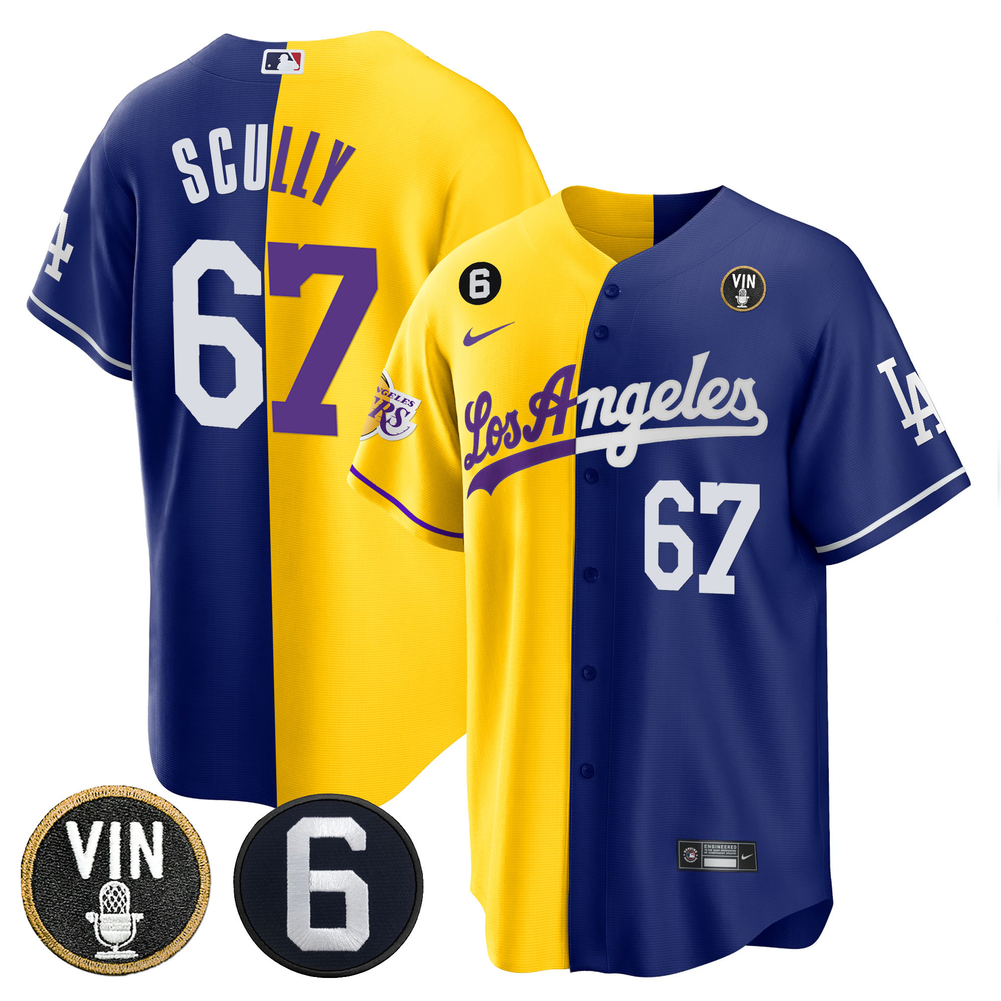 Vin Scully Men's Split Los Angeles Dodgers - Lakers Cool Base Gold Royal Jersey - All Stitched