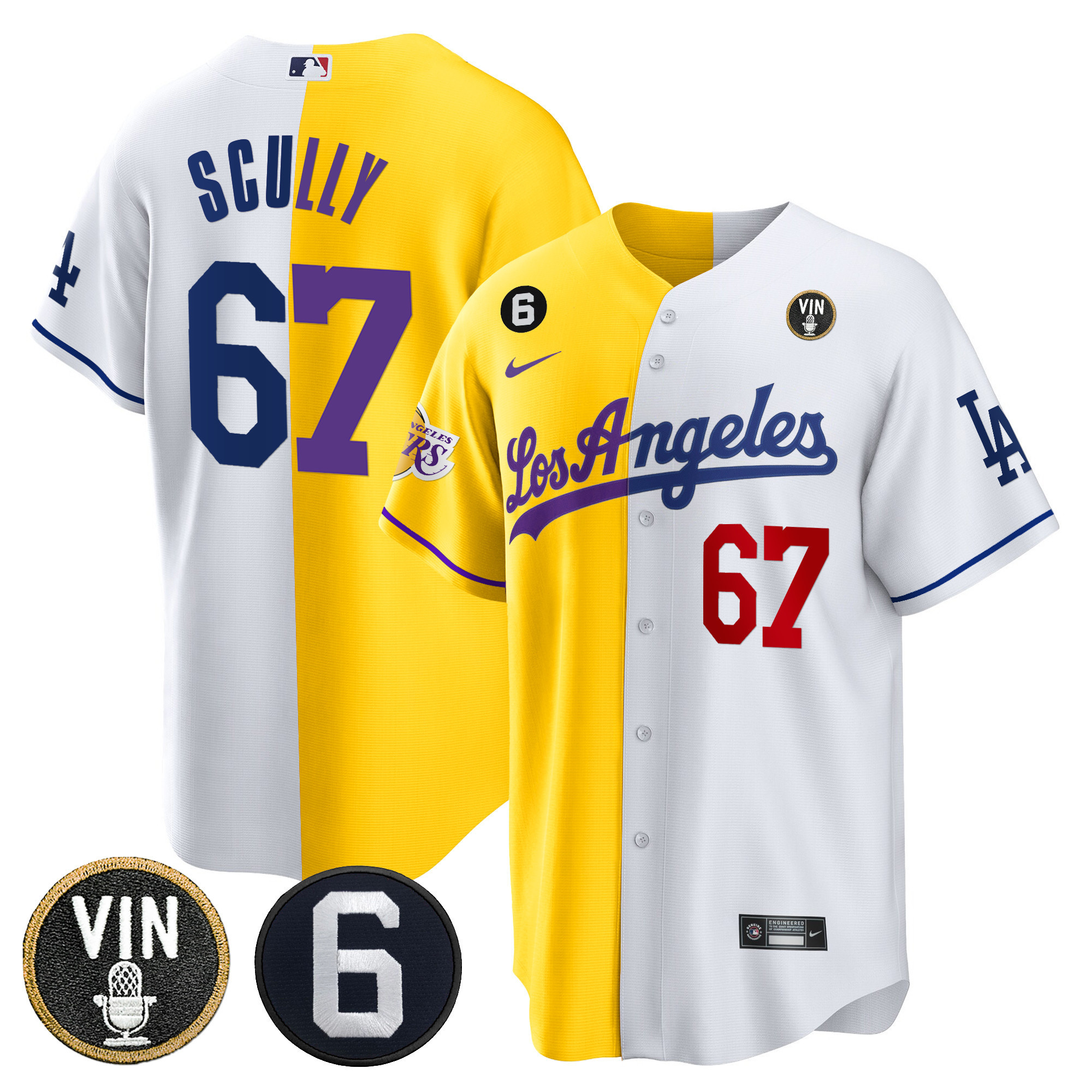 Vin Scully Men's Split Los Angeles Dodgers - Lakers Cool Base Gold White Jersey - All Stitched