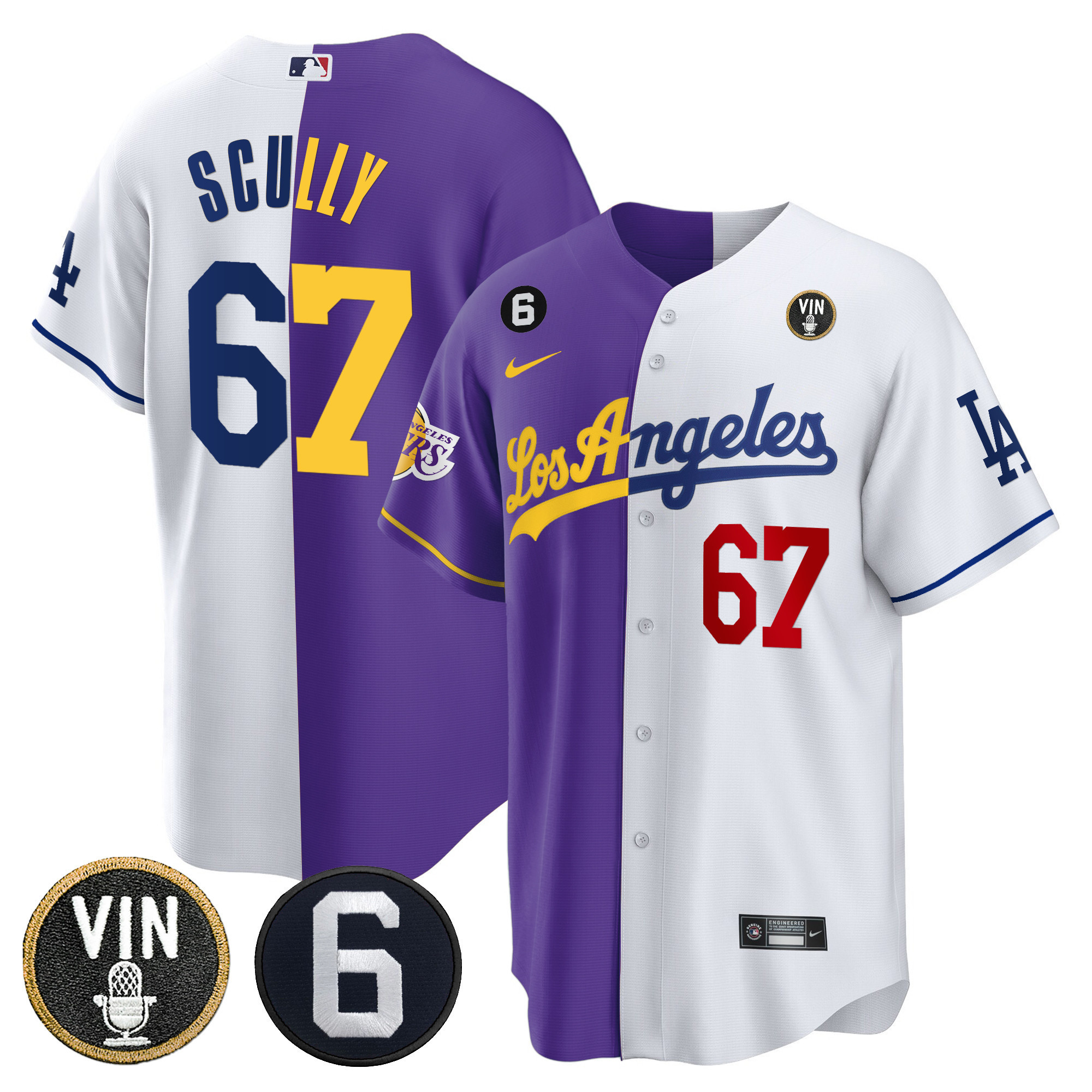 Vin Scully Men's Split Los Angeles Dodgers - Lakers Cool Base Purple White Jersey - All Stitched