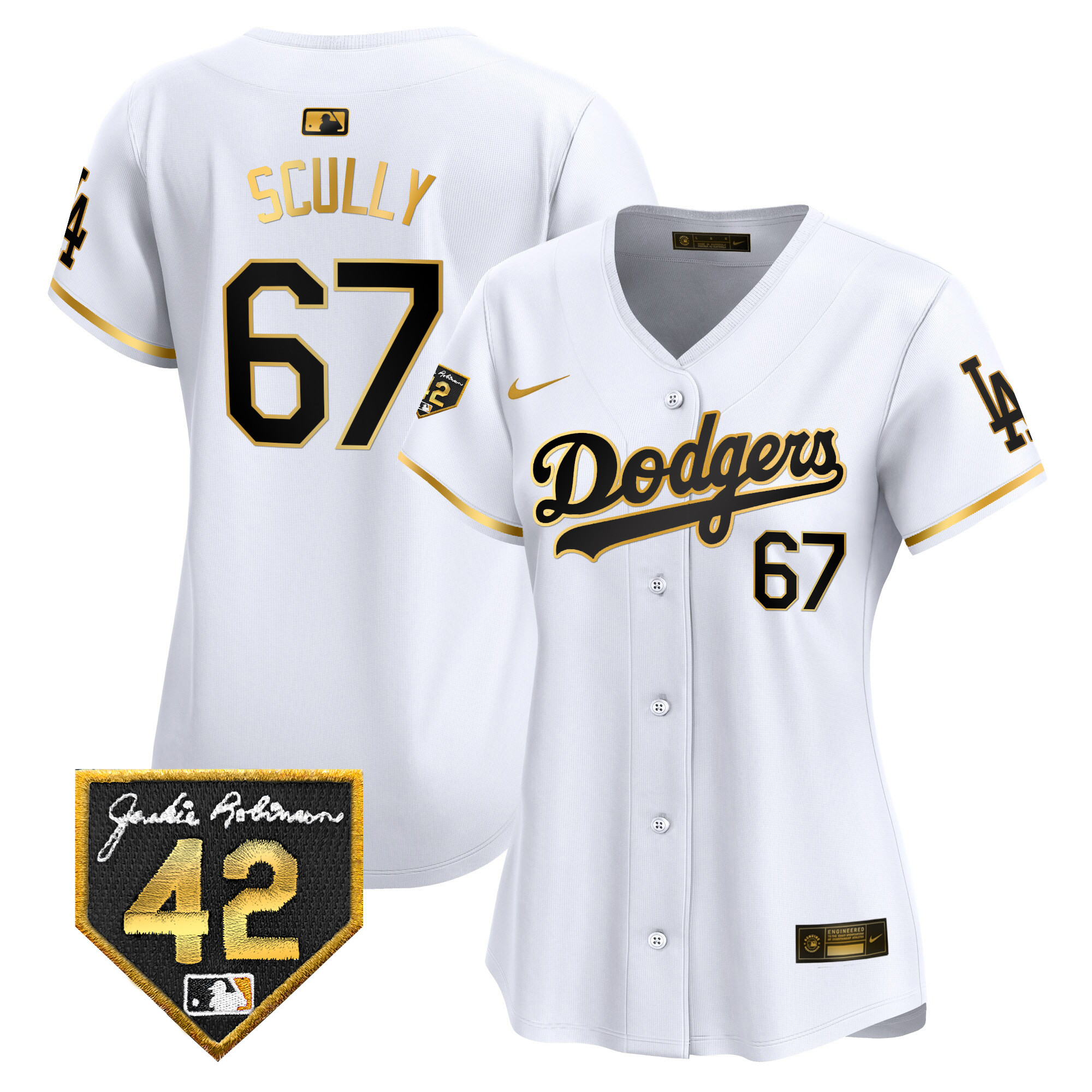 Vin Scully Women's Los Angeles Dodgers 2024 Jackie Robinson Patch Vapor Premier Limited White Gold Jersey - All Stitched