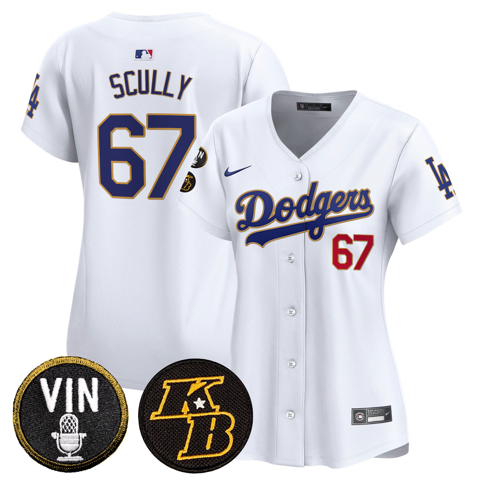 Vin Scully Women's Los Angeles Dodgers Vin & Kobe Patch Gold Trim Vapor Premier Limited White Jersey - All Stitched