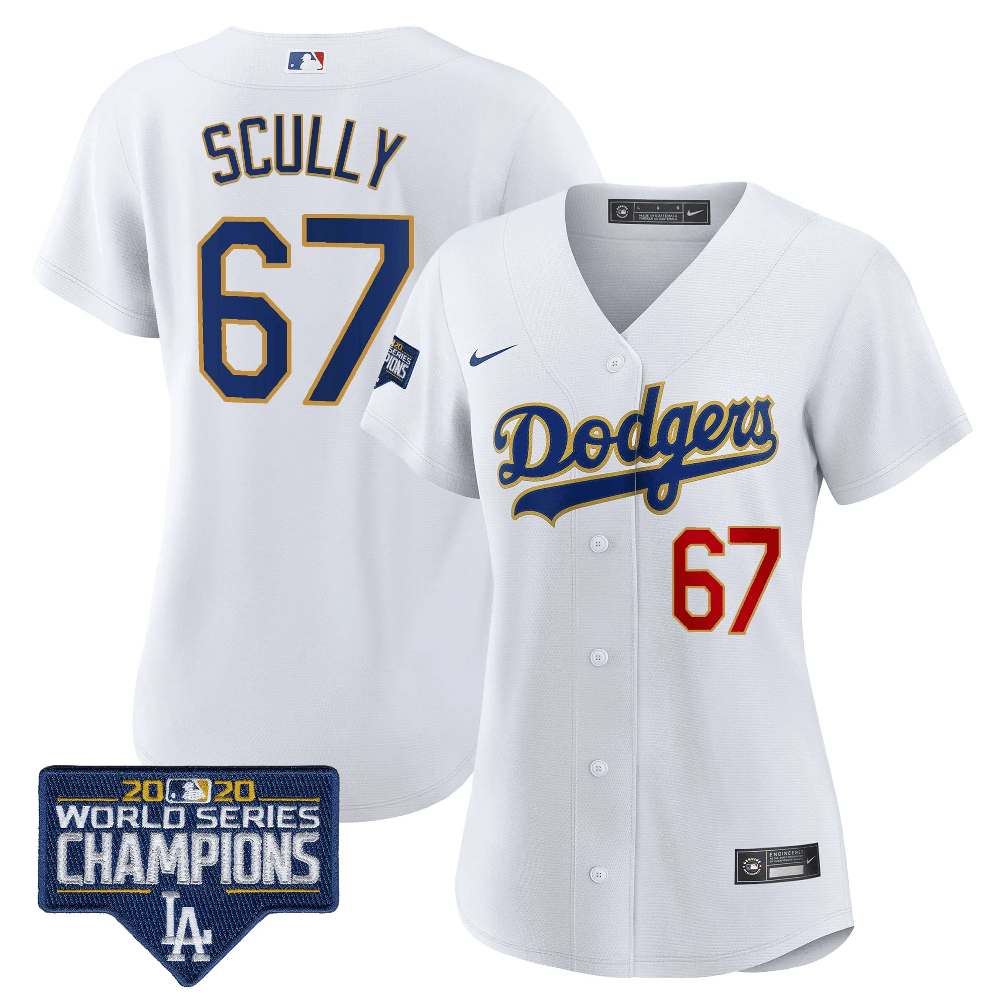 Vin Scully Women's Los Angeles Dodgers World Series Champions Patch Gold Trim White Jersey - All Stitched
