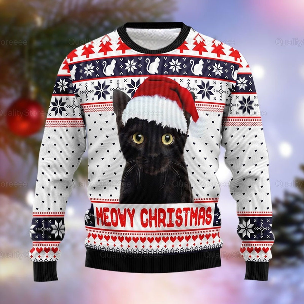 Vintage Meowy Funny Black Cat Christmas Sweater