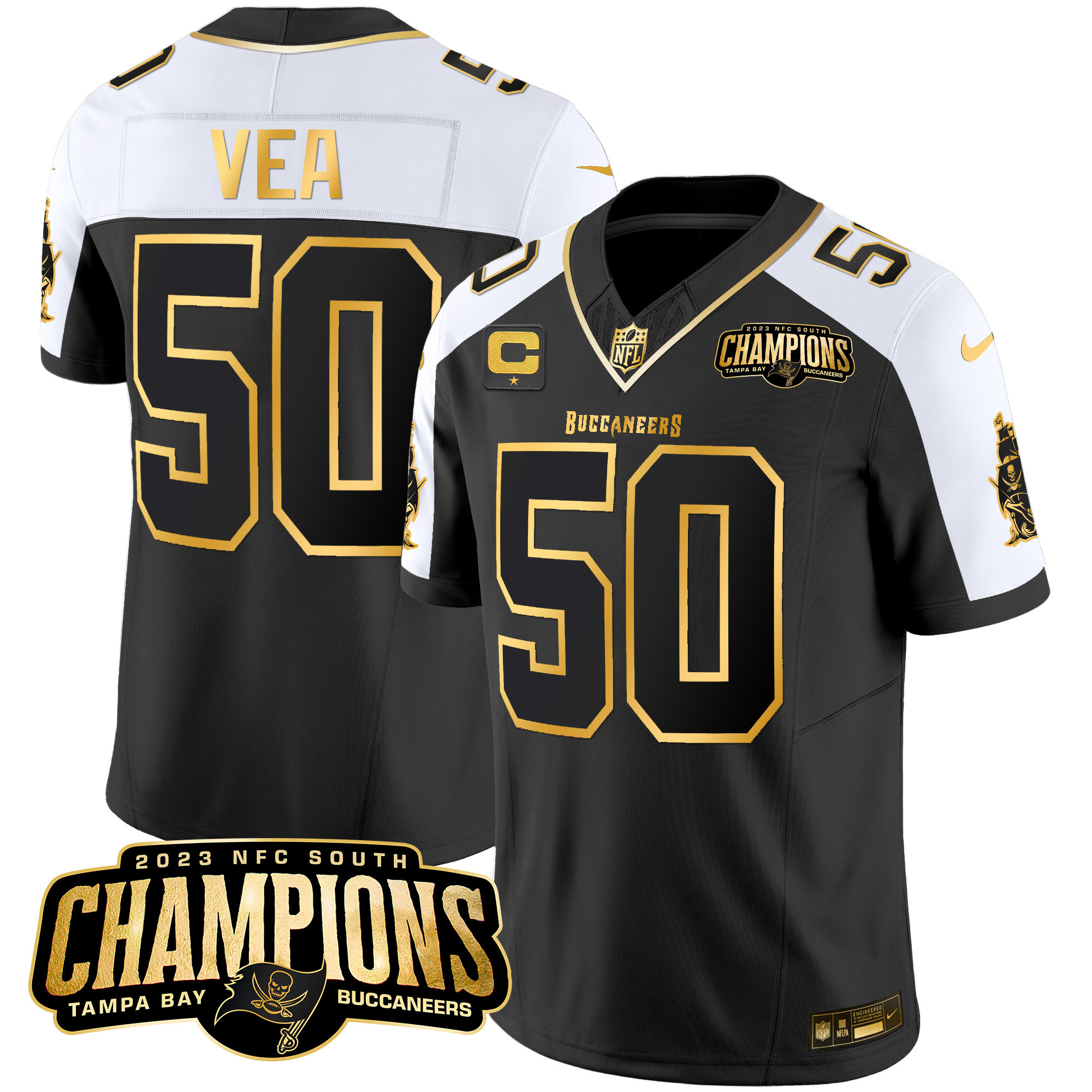 Vita Vea Men's Tampa Bay Buccaneers 2023 NFC South Champions Patch Gold Vapor Alternate Jersey - All Stitched 