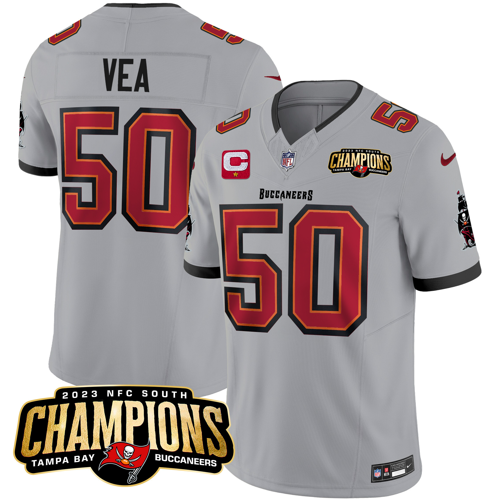 Vita Vea Men's Tampa Bay Buccaneers 2023 NFC South Champions Patch Vapor Gray Jersey - All Stitched 