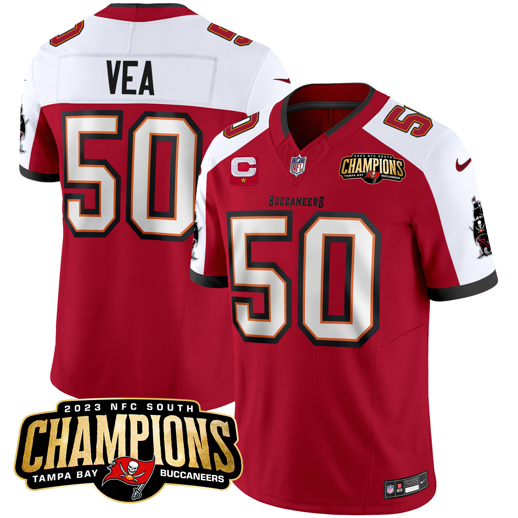 Vita Vea Men's Tampa Bay Buccaneers 2023 NFC South Champions Patch Vapor Red Alternate Jersey - All Stitched 