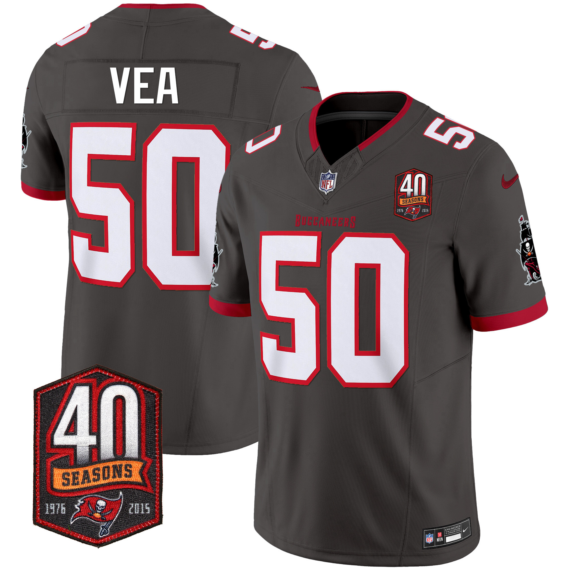 Vita Vea Men's Tampa Bay Buccaneers 40th Season Patch Vapor Limited Pewter Jersey - All Stitched 