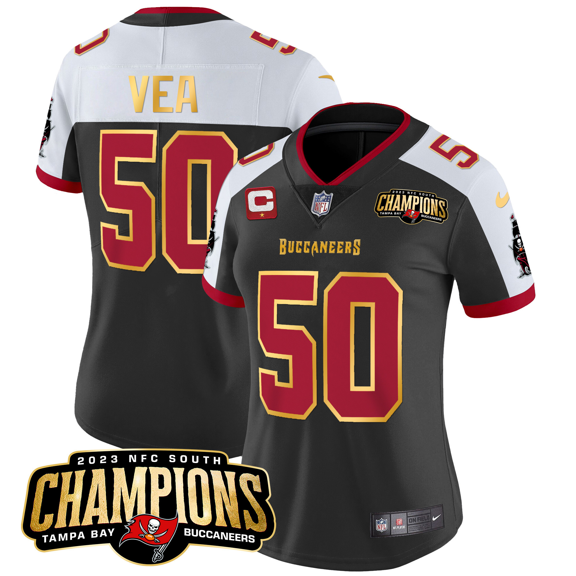 Vita Vea Women's Tampa Bay Buccaneers 2023 NFC South Champions Patch Gold Trim Vapor Black Alternate Jersey - All Stitched 