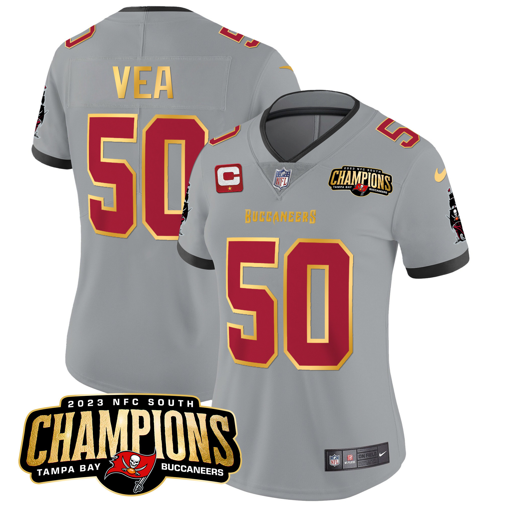 Vita Vea Women's Tampa Bay Buccaneers 2023 NFC South Champions Patch Gold Trim Vapor Gray Jersey - All Stitched 