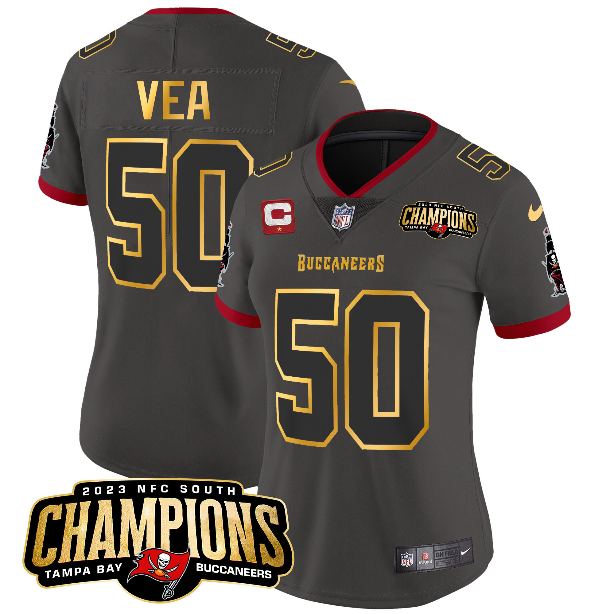 Vita Vea Women's Tampa Bay Buccaneers 2023 NFC South Champions Patch Gold Trim Vapor Pewter Jersey - All Stitched 