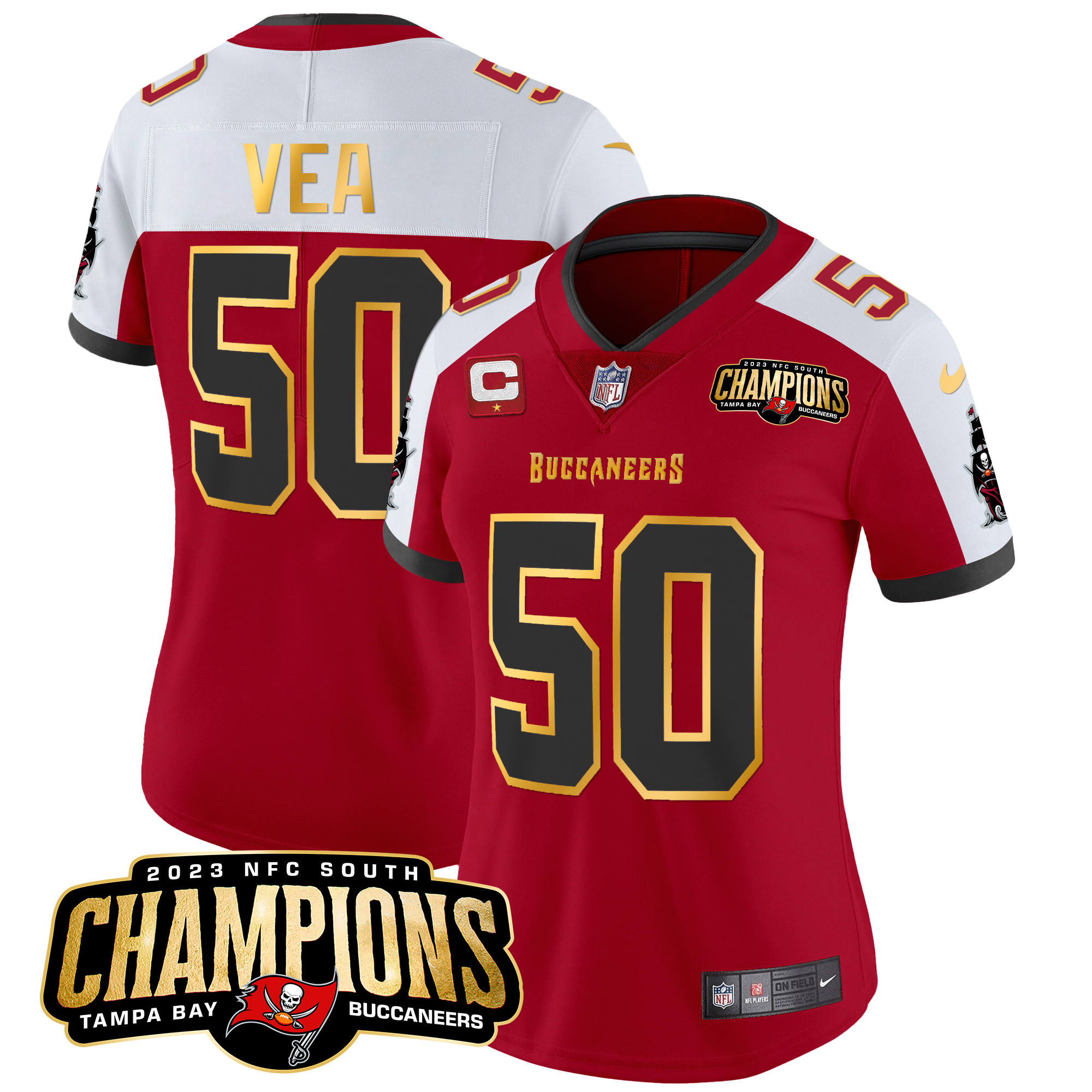 Vita Vea Women's Tampa Bay Buccaneers 2023 NFC South Champions Patch Gold Trim Vapor Red Alternate Jersey - All Stitched 