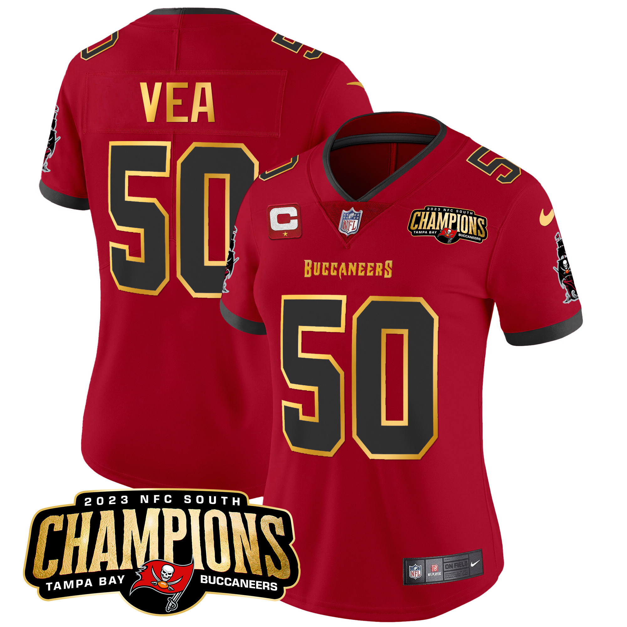 Vita Vea Women's Tampa Bay Buccaneers 2023 NFC South Champions Patch Gold Trim Vapor Red Jersey - All Stitched 