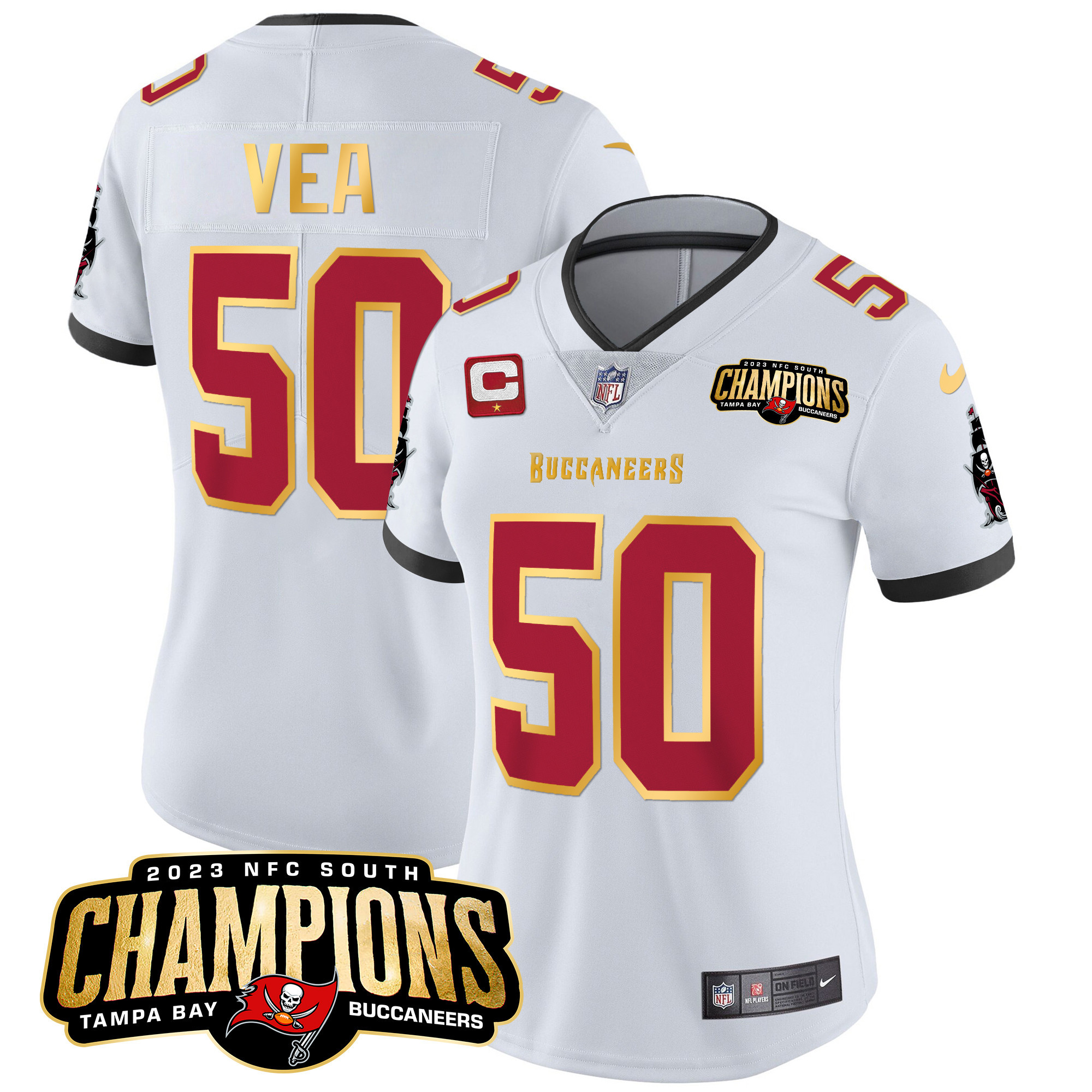Vita Vea Women's Tampa Bay Buccaneers 2023 NFC South Champions Patch Gold Trim Vapor White Jersey - All Stitched 