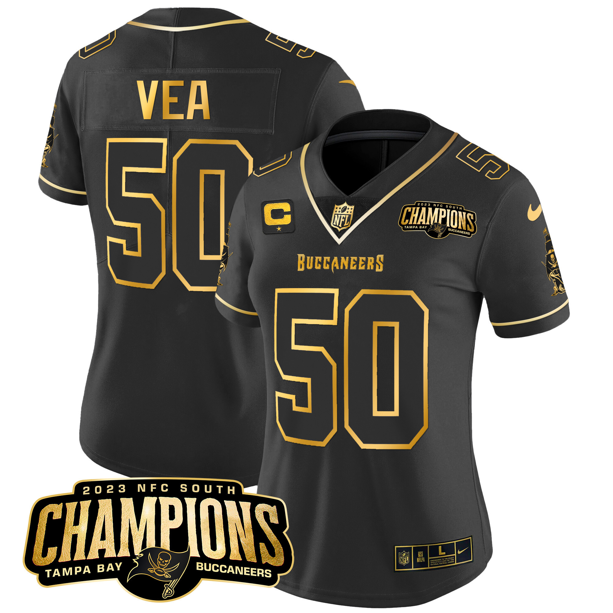 Vita Vea Women's Tampa Bay Buccaneers 2023 NFC South Champions Patch Gold Vapor Black Gold Jersey - All Stitched 