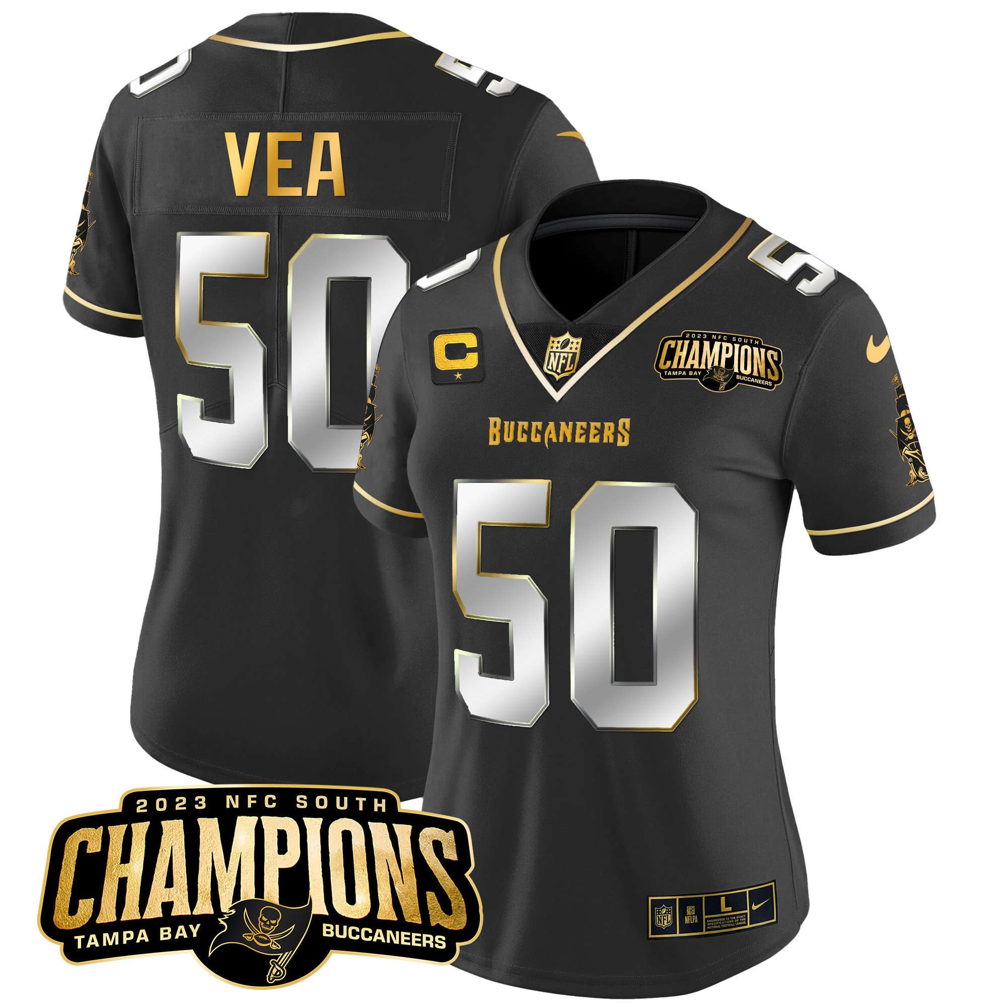 Vita Vea Women's Tampa Bay Buccaneers 2023 NFC South Champions Patch Gold Vapor Black Limited Jersey - All Stitched 