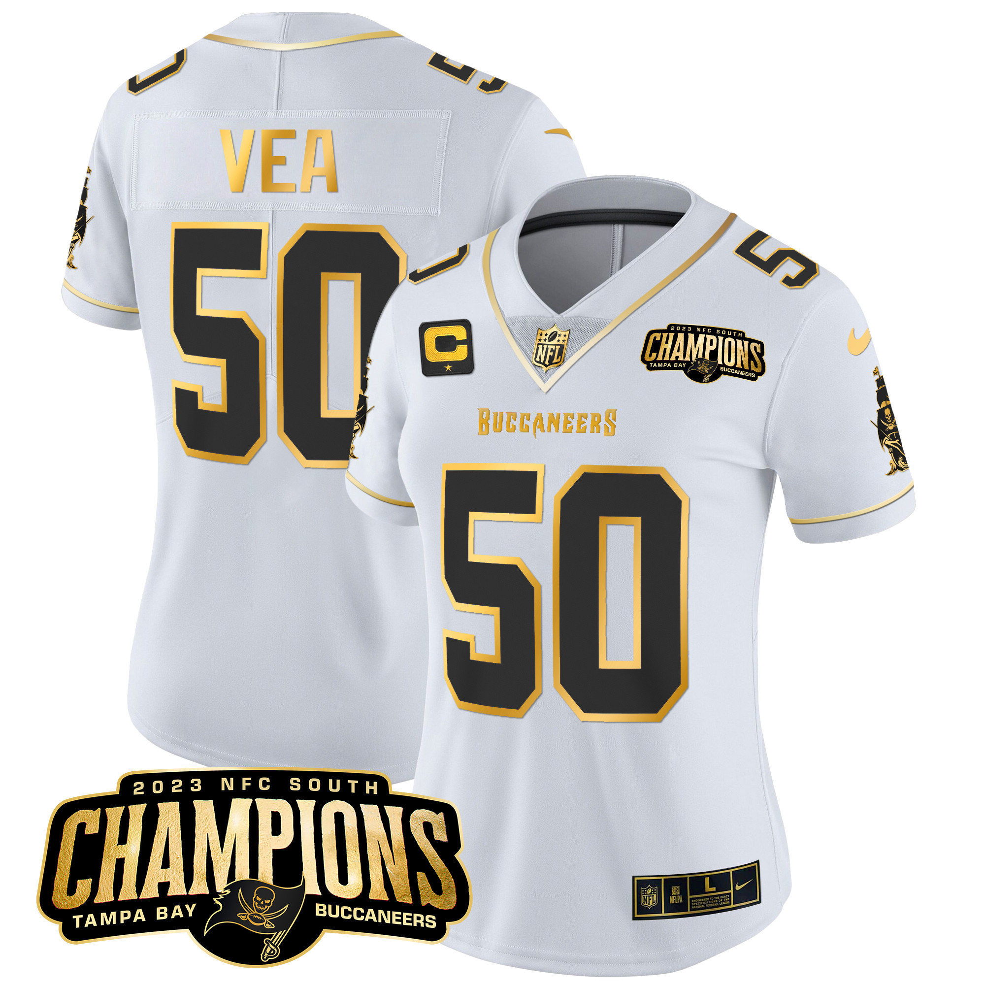 Vita Vea Women's Tampa Bay Buccaneers 2023 NFC South Champions Patch Gold Vapor White Gold Jersey - All Stitched 