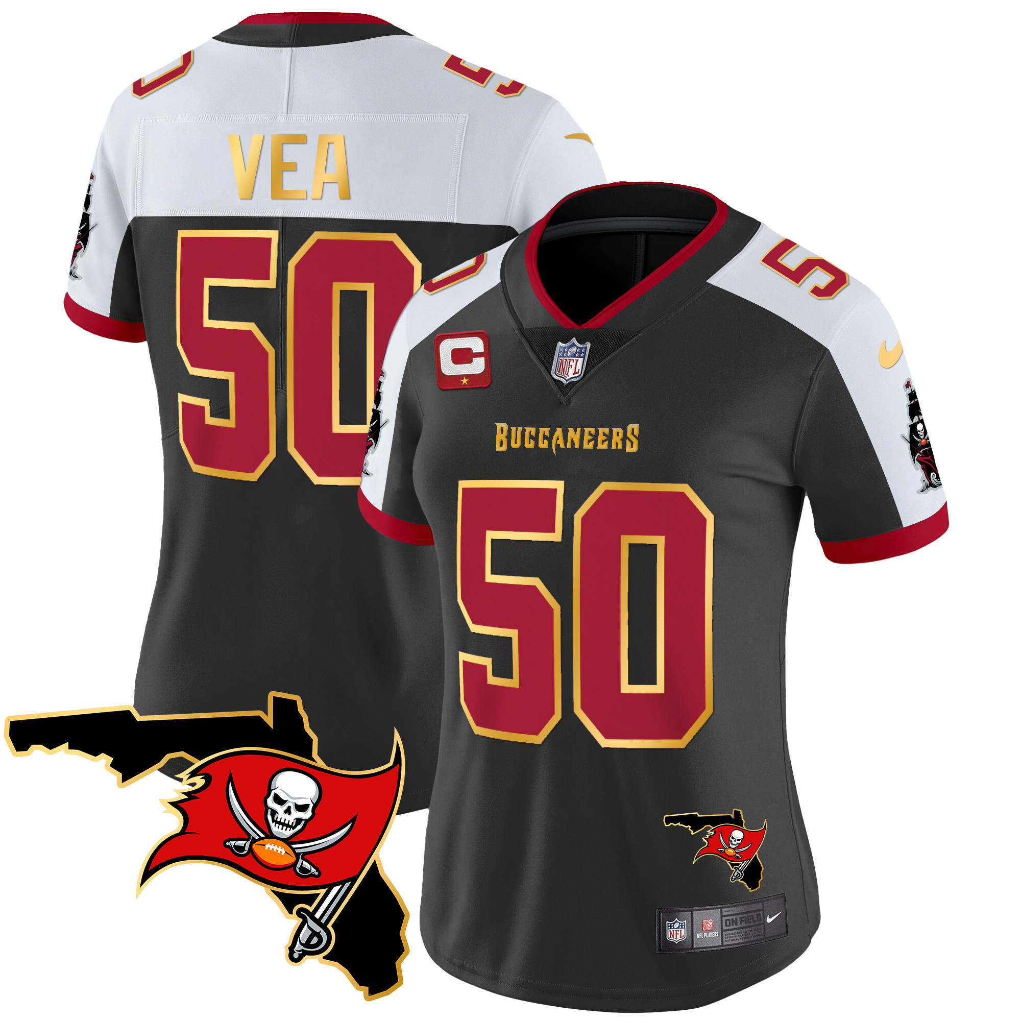 Vita Vea Women's Tampa Bay Buccaneers Florida Patch Gold Trim Vapor Black Alternate Jersey - All Stitched 