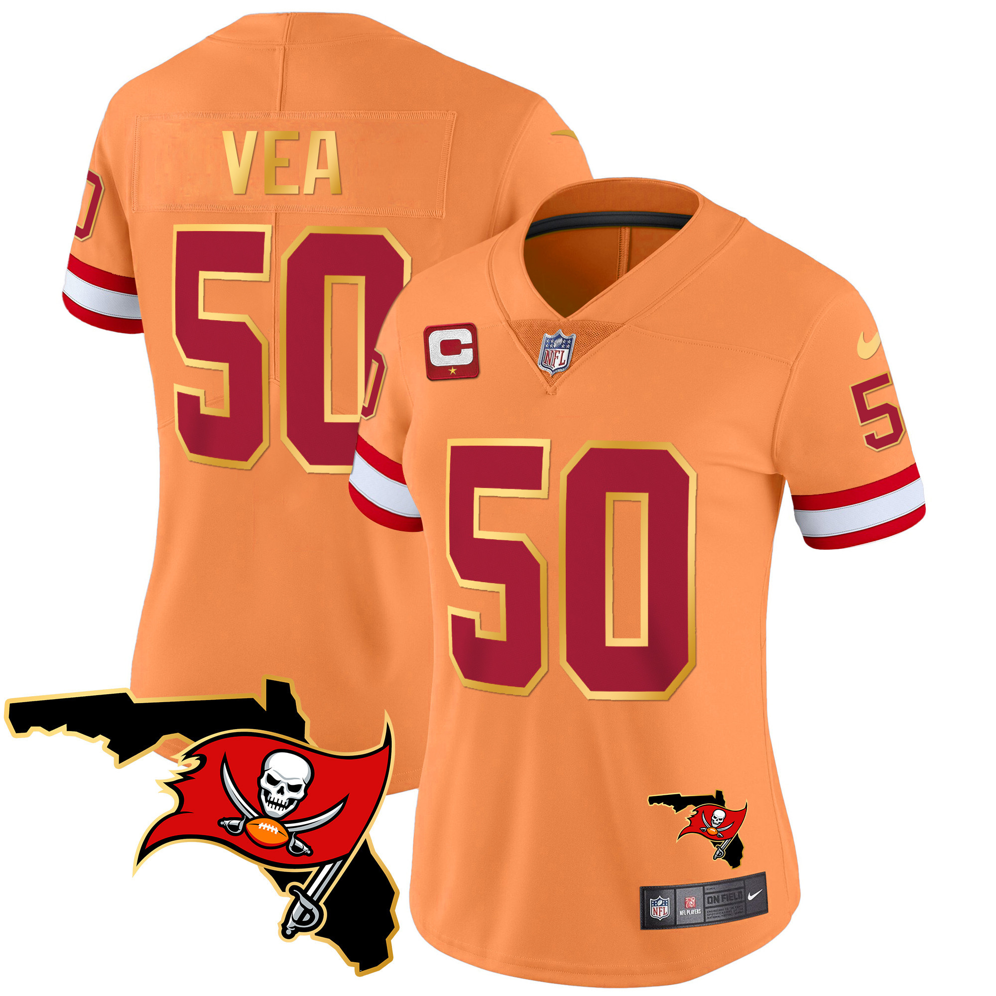 Vita Vea Women's Tampa Bay Buccaneers Florida Patch Gold Trim Vapor Orange Jersey - All Stitched 