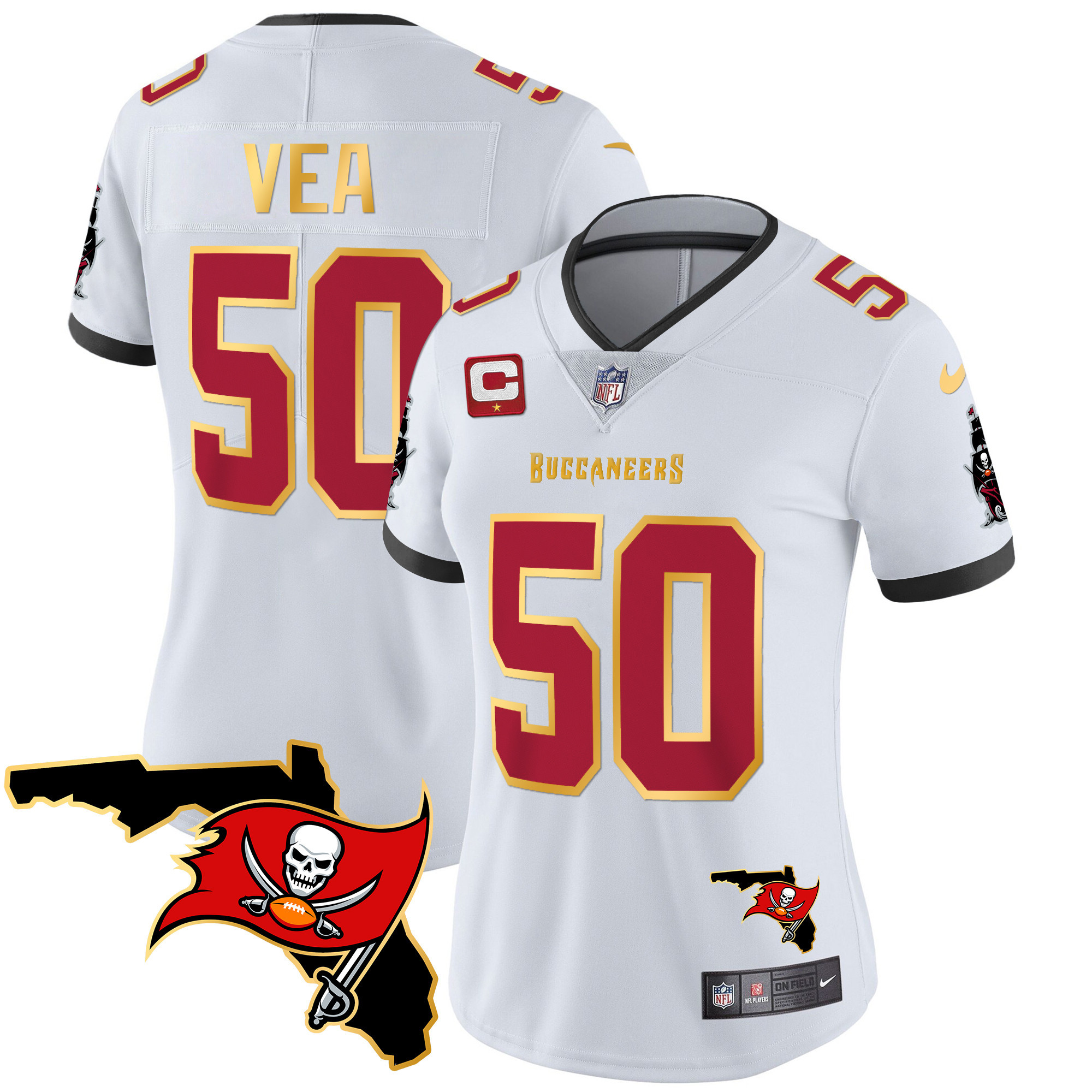 Vita Vea Women's Tampa Bay Buccaneers Florida Patch Gold Trim Vapor White Jersey - All Stitched 