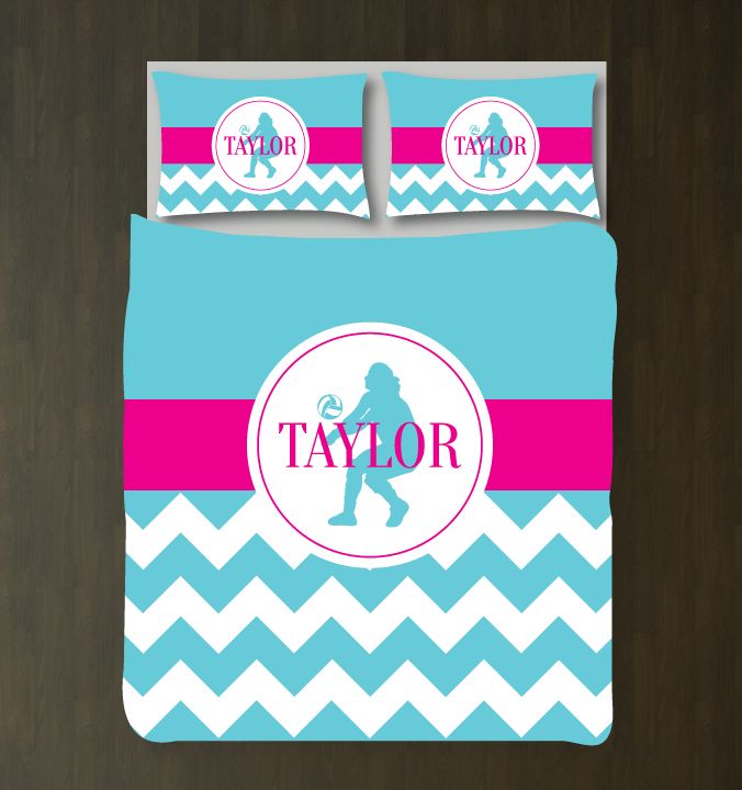 Volleyball Chevron Customized Aqua, Hot Pink And White Duvet Cover Bedding Set