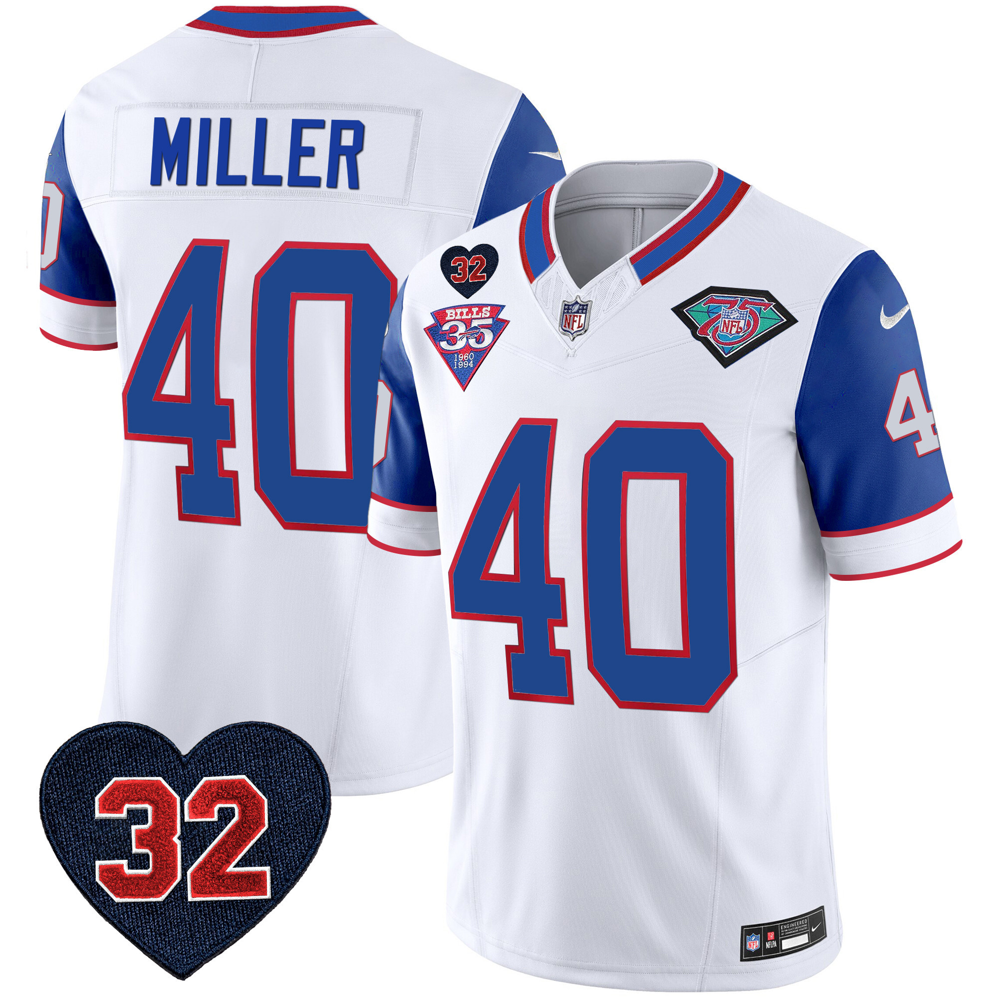 Von Miller Men's Buffalo Bills 1994 Throwback O.J. Simpson Patch Vapor Limited Royal Sleeves Jersey - All Stitched 
