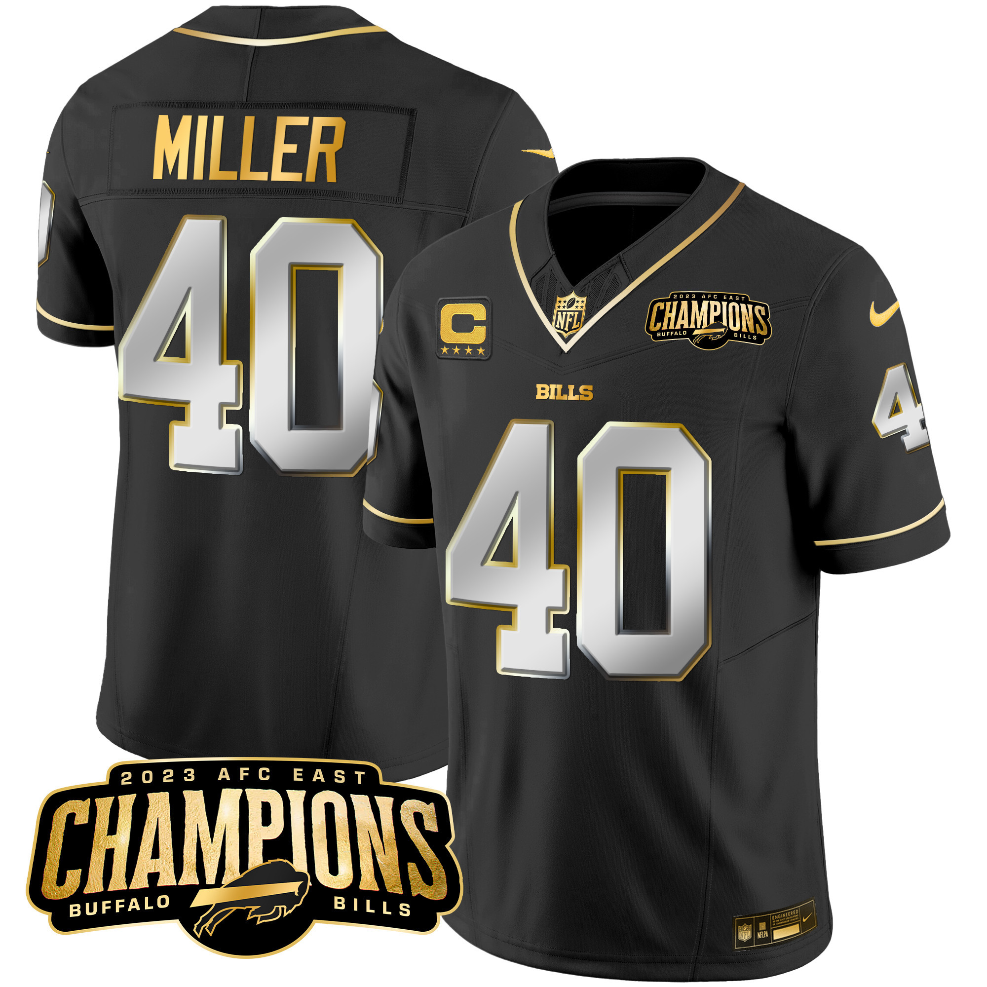 Von Miller Men's Buffalo Bills 2023 AFC East Champions Patch Gold Vapor Black Limited Jersey - All Stitched 