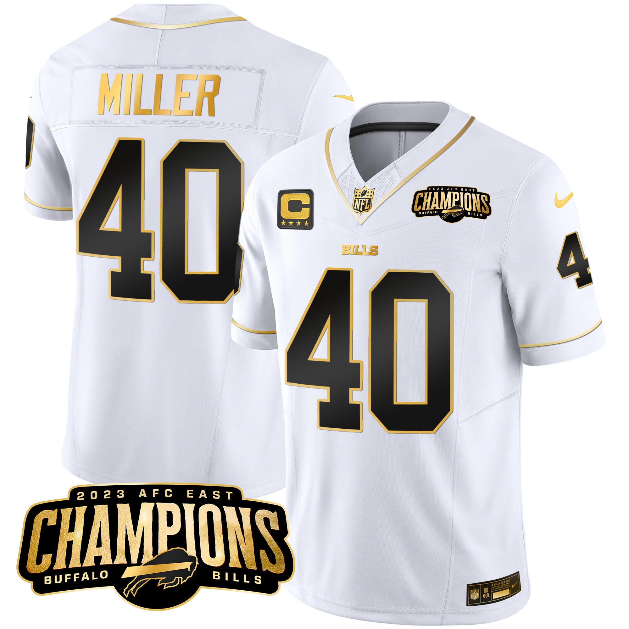 Von Miller Men's Buffalo Bills 2023 AFC East Champions Patch Gold Vapor White Gold Jersey - All Stitched 
