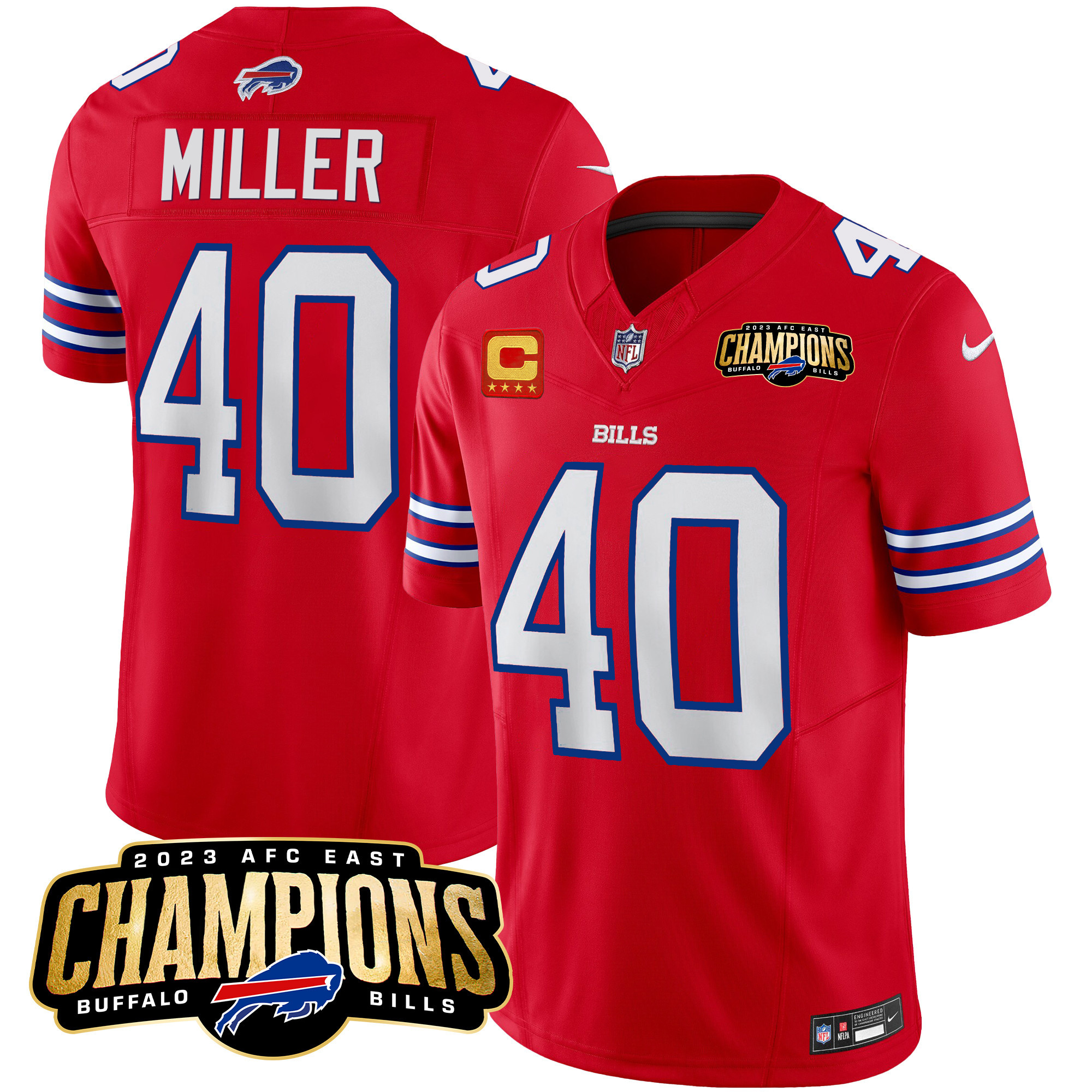Von Miller Men's Buffalo Bills 2023 AFC East Champions Patch Vapor Red Jersey - All Stitched 